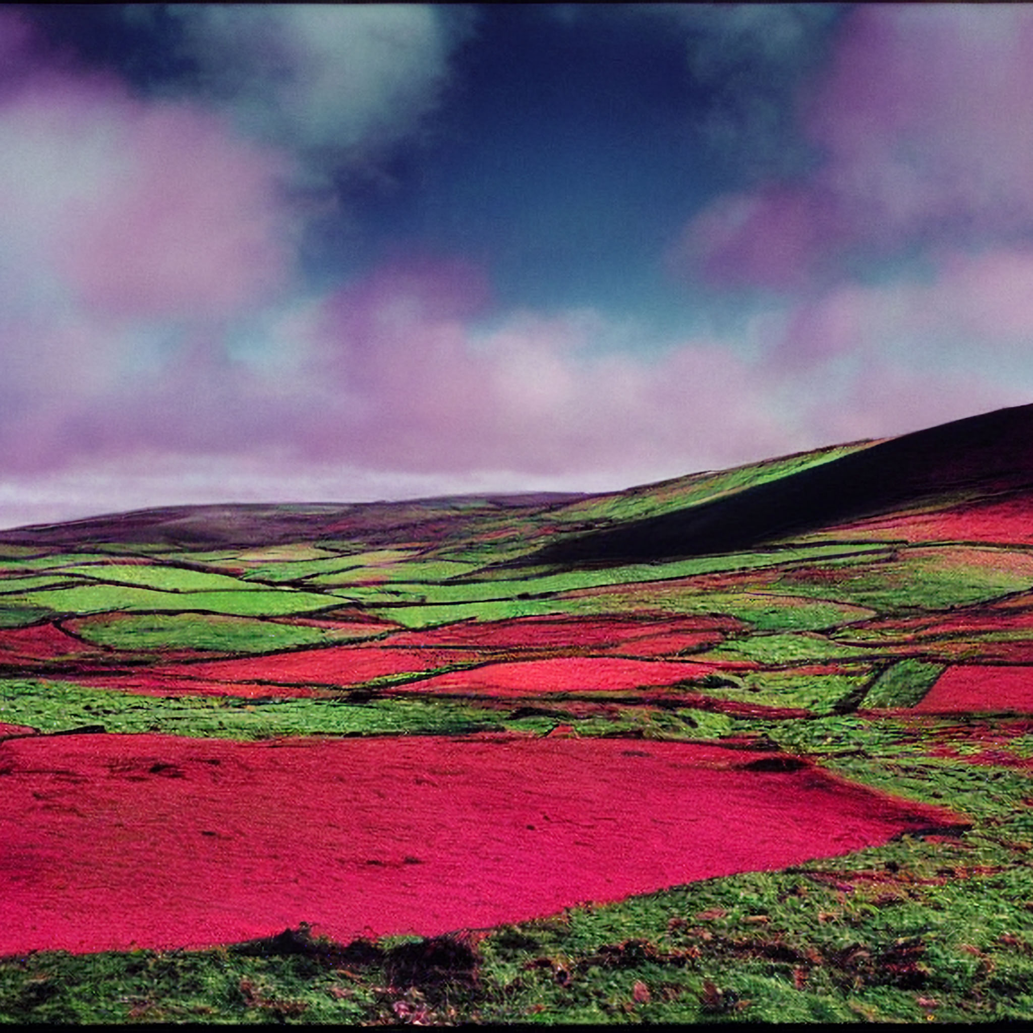 Infrared photograph of an Irish landscape with vibrant red and green hues.