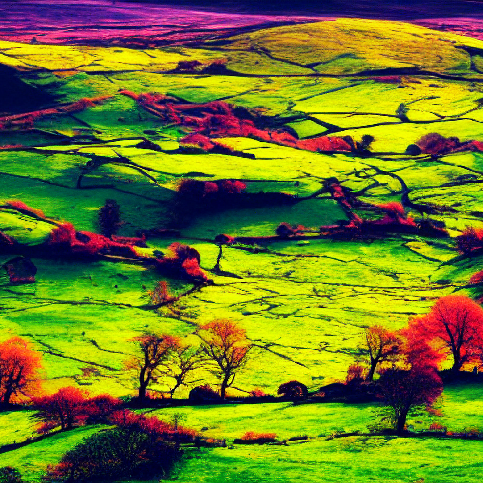 Infrared photograph of an Irish landscape with vibrant green and red hues.