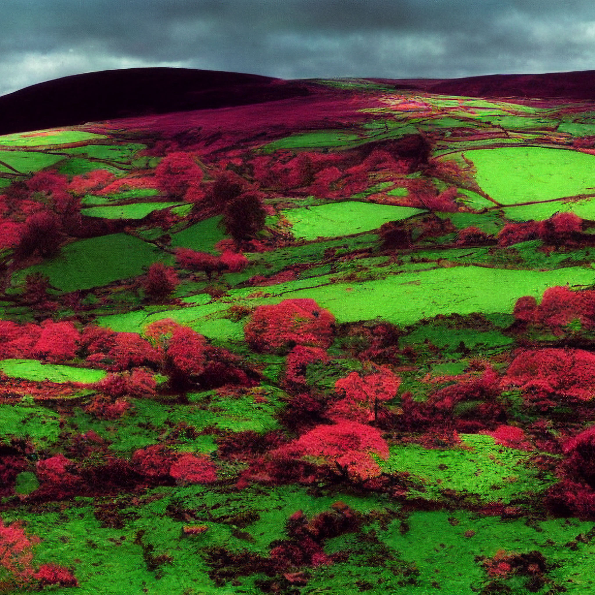 Infrared photograph of an Irish landscape with vibrant green fields and reddish-purple foliage.