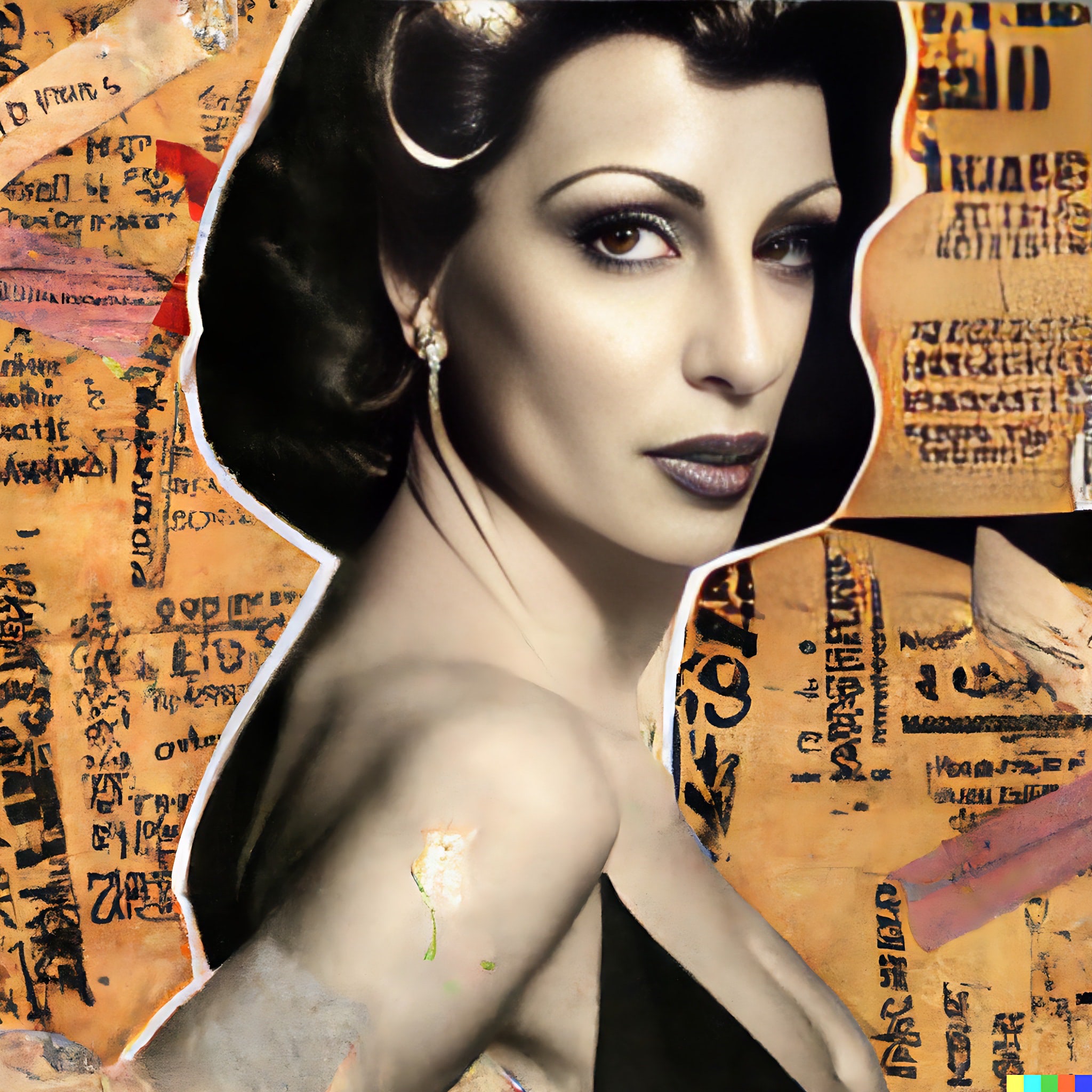 Portrait of a woman with dark hair and makeup, collaged with textured paper fragments.