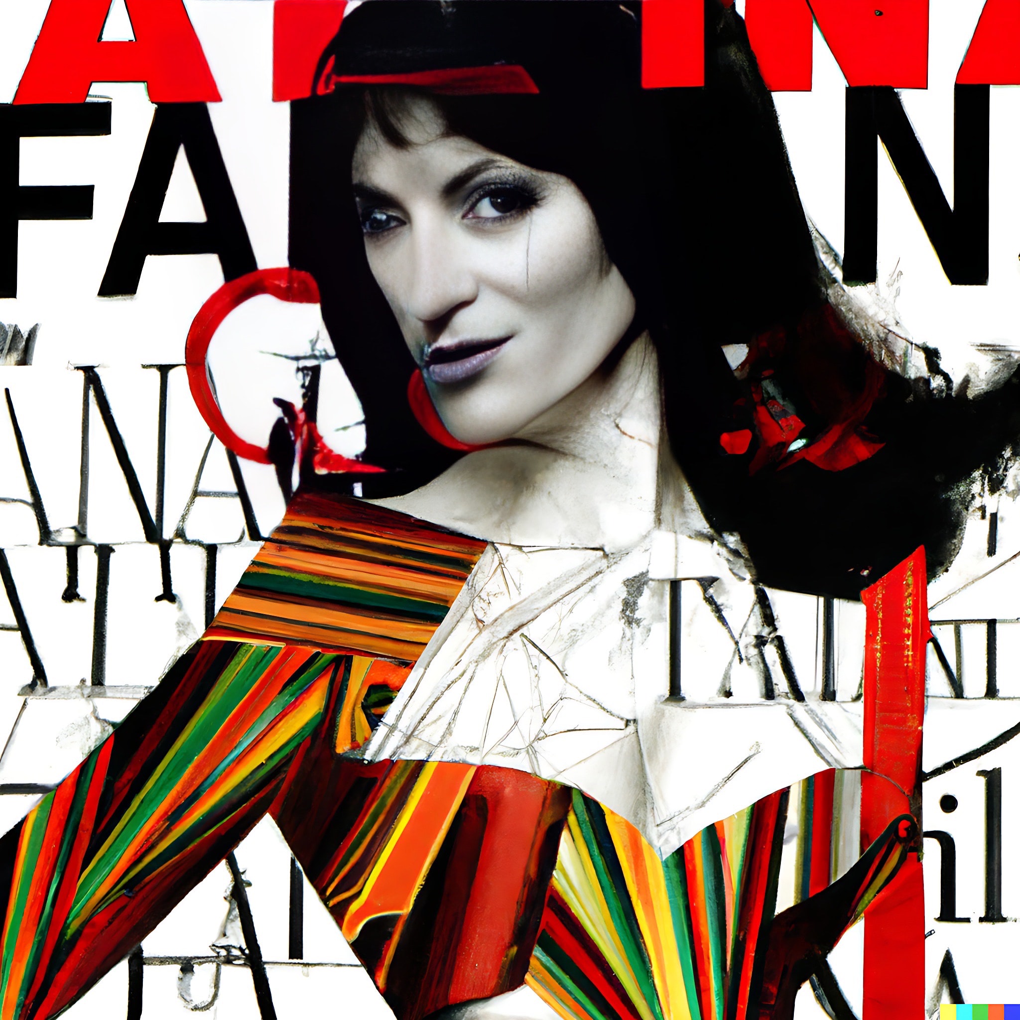 Collage of a woman's face and colorful abstract shapes overlaid on text.