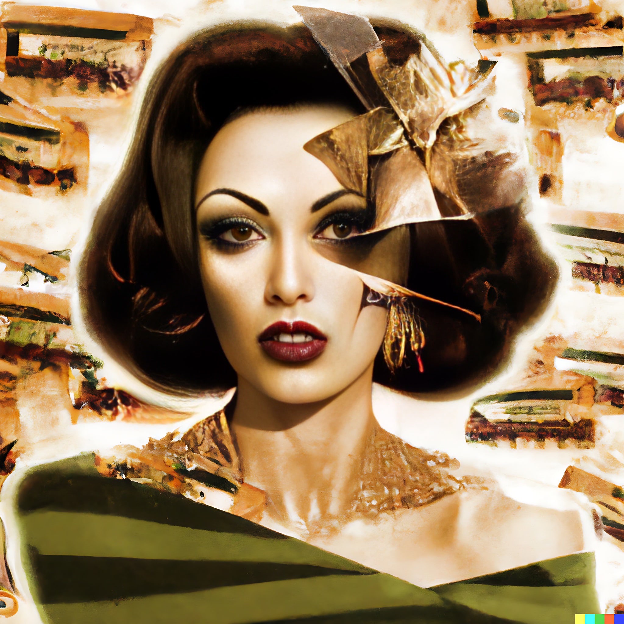 Abstract portrait of a woman with dark hair and dramatic makeup, partially obscured by a fragmented, ornate hat.