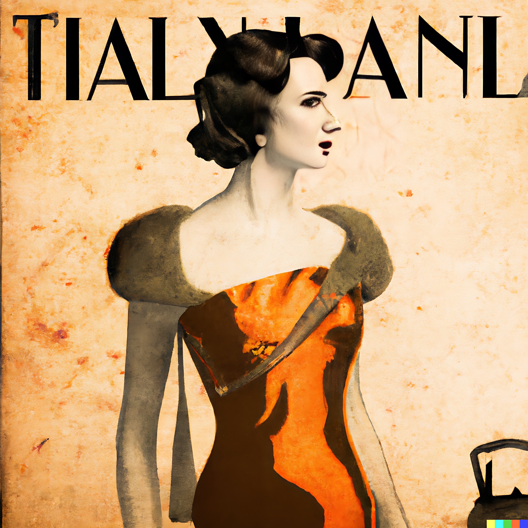 Vintage-style illustration of a woman in an orange dress, with 'TIALY' partially visible in the background.