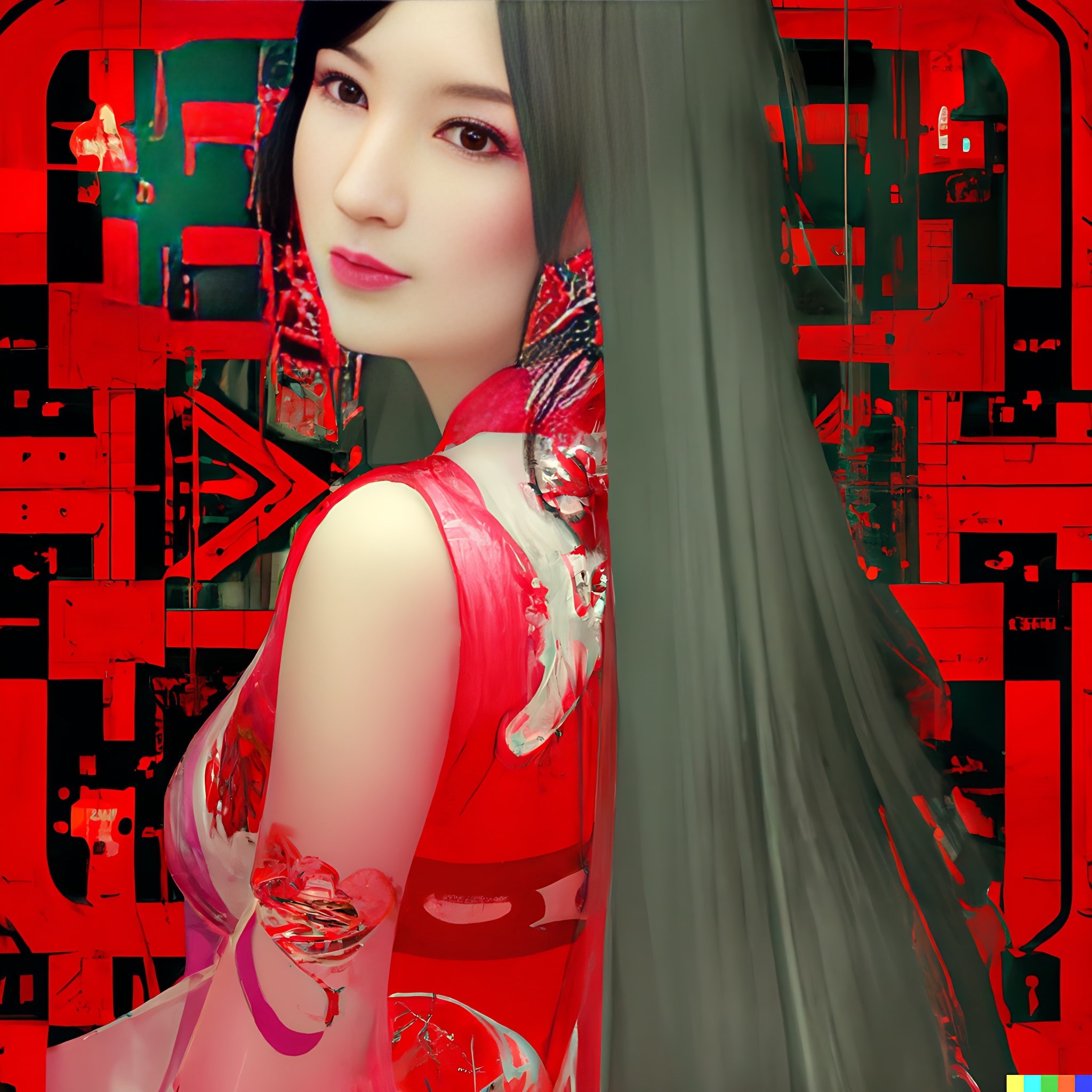 Woman with long black hair, wearing a red traditional Japanese dress, against an abstract red and black background.