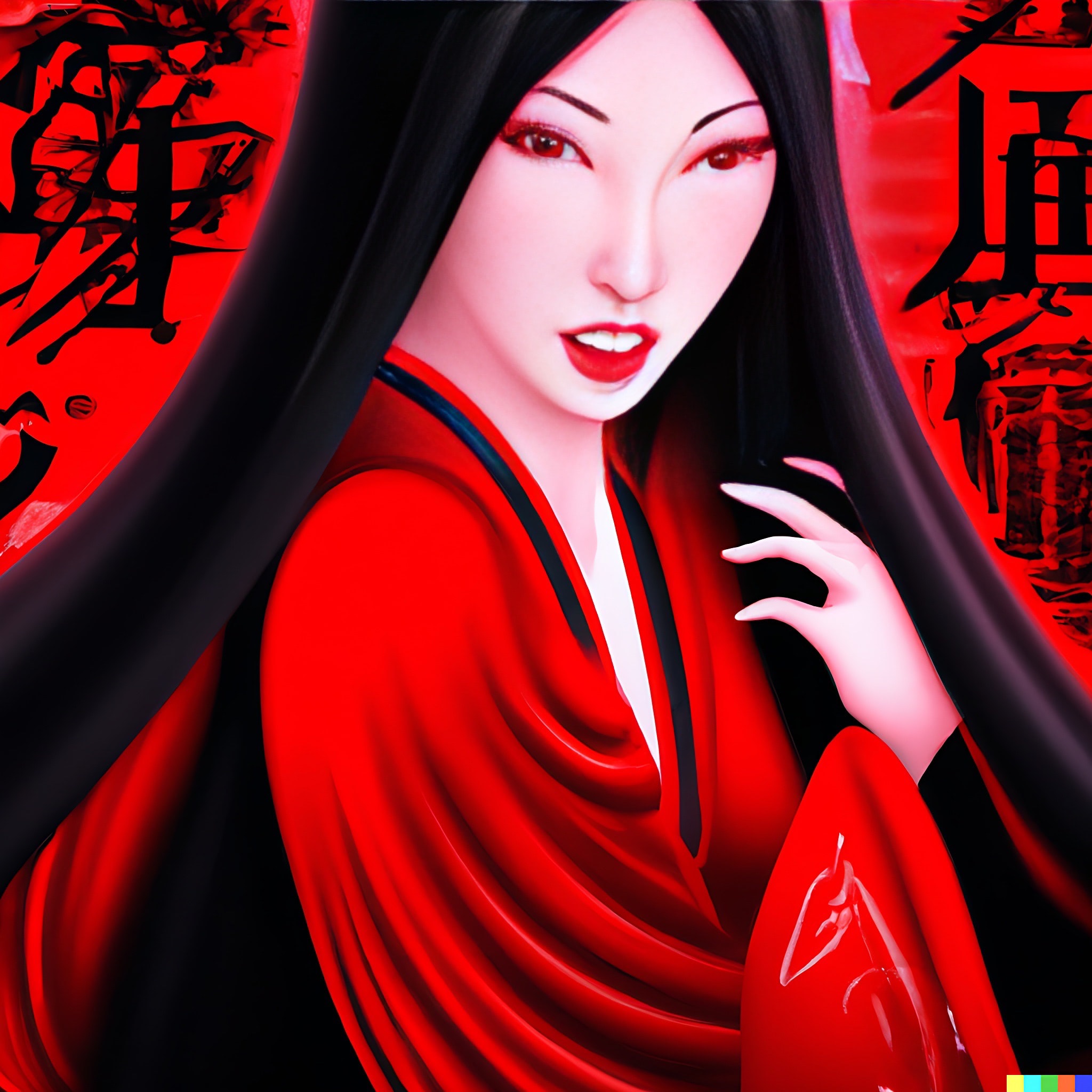 Illustration of a Japanese woman with long black hair wearing a red kimono.