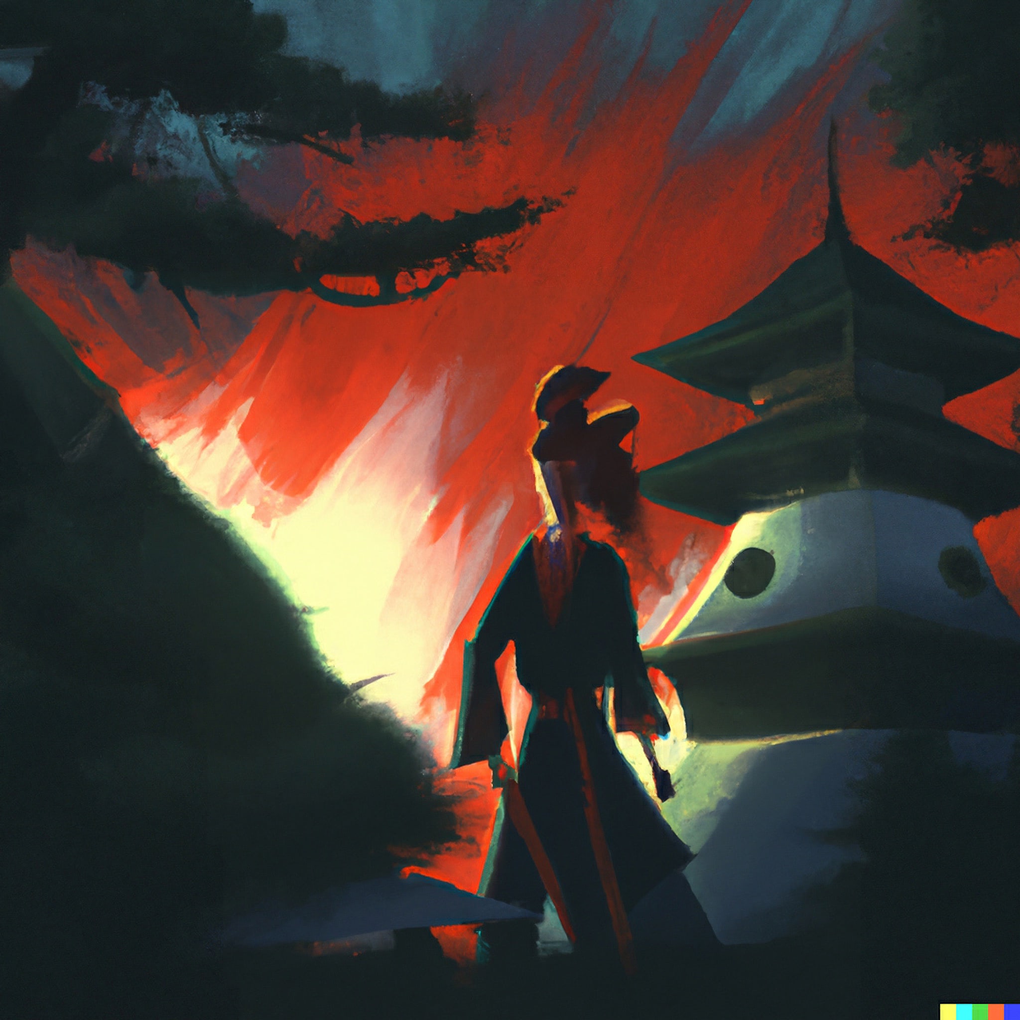 Painting of a female samurai standing before a pagoda at sunset.