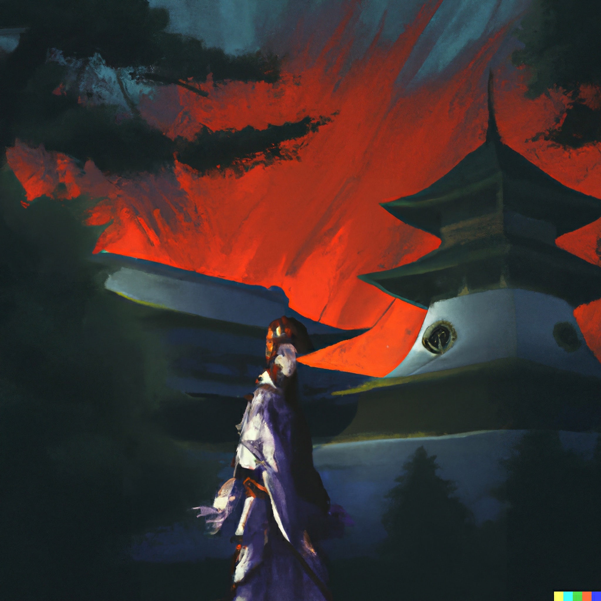 Painting of a female samurai in a purple robe standing before a Japanese pagoda at sunset.