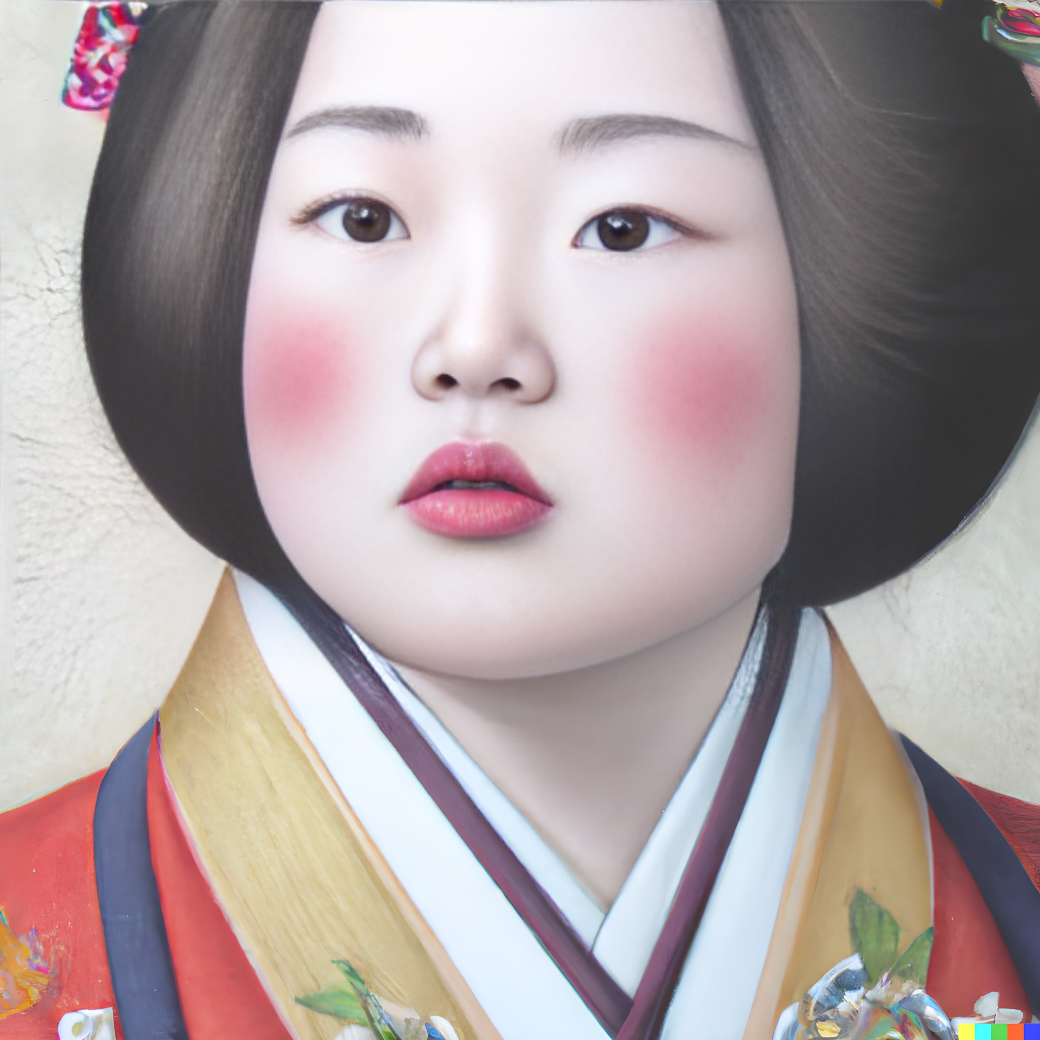 Close-up portrait of a young woman with dark hair, wearing a colorful Korean hanbok.