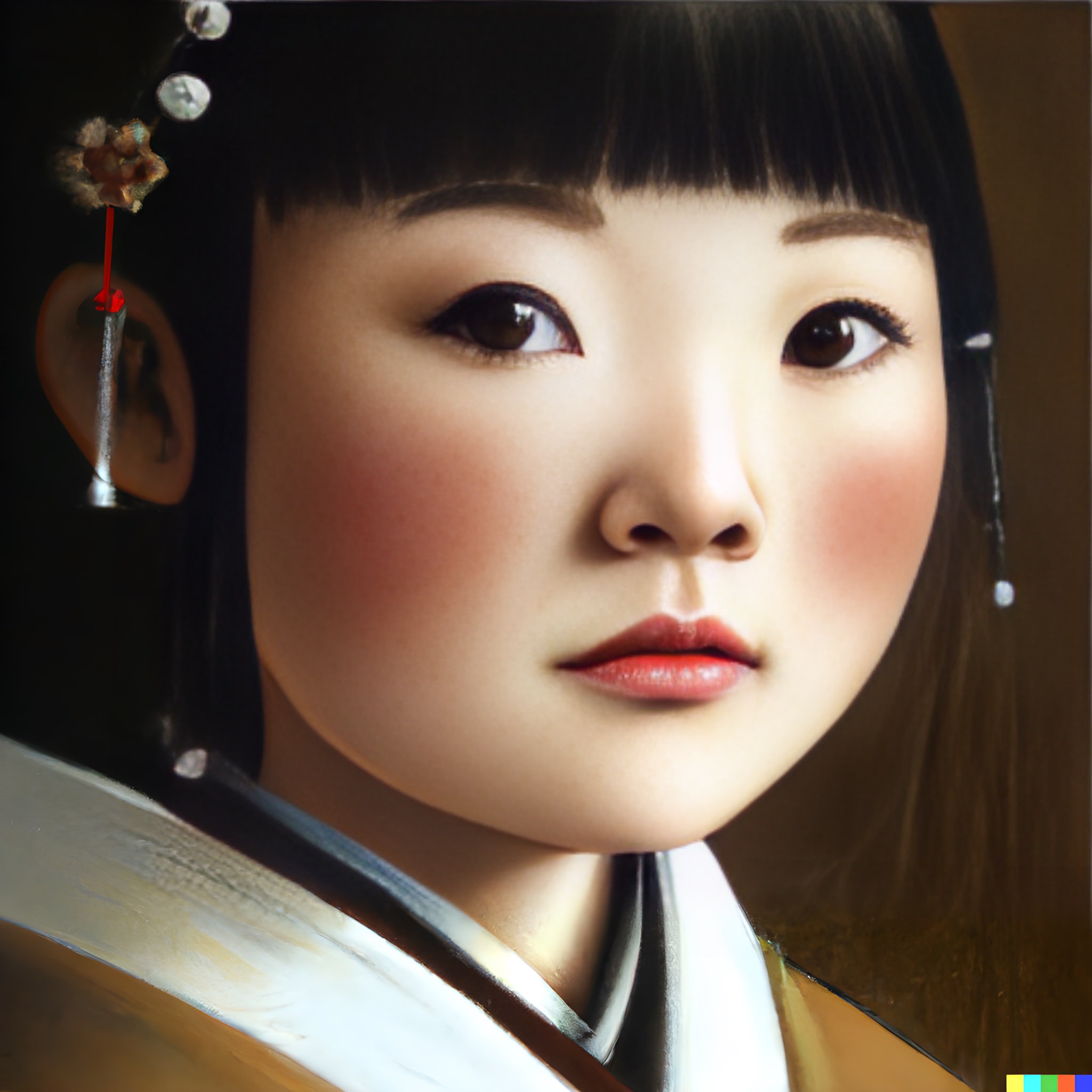 Close-up portrait of a young girl with rosy cheeks, wearing a traditional Korean-style outfit and hair ornament.