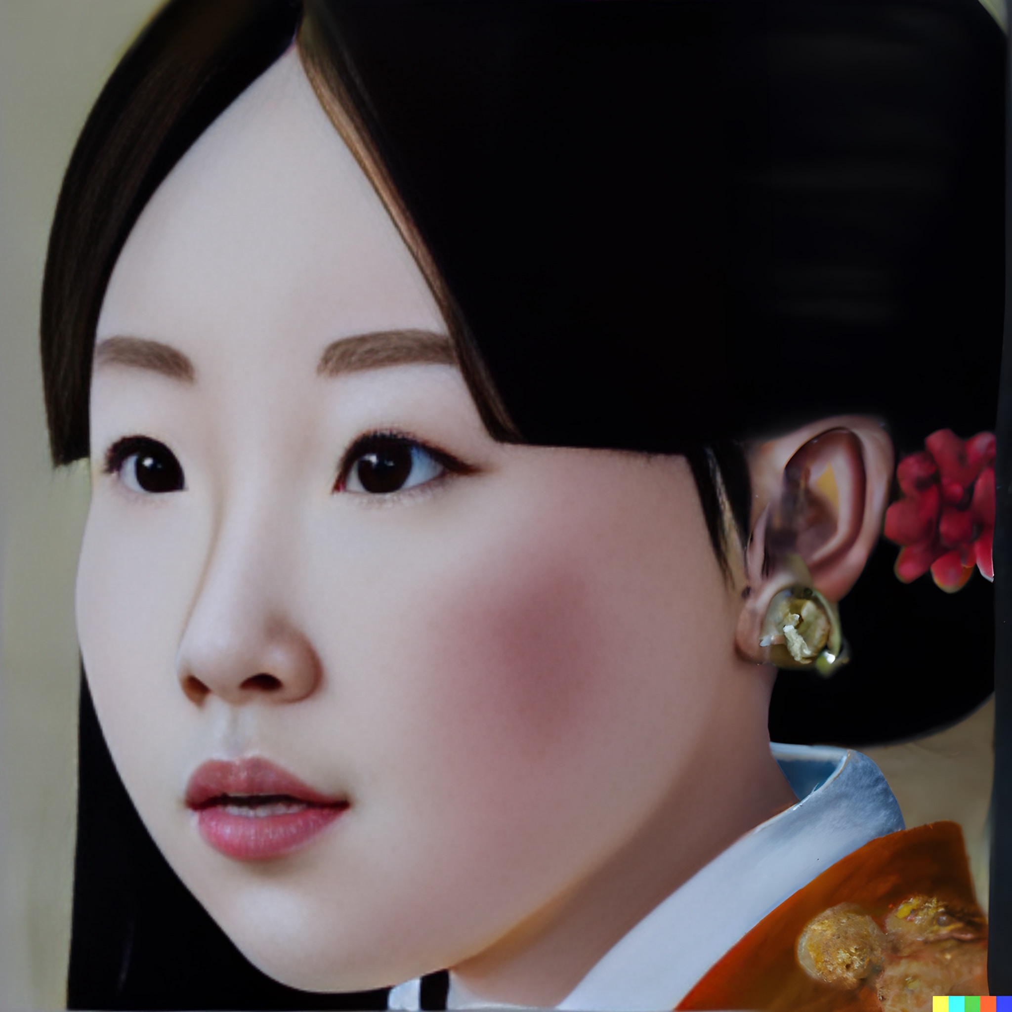 Close-up portrait of a young woman with dark hair, wearing a traditional Korean hanbok.