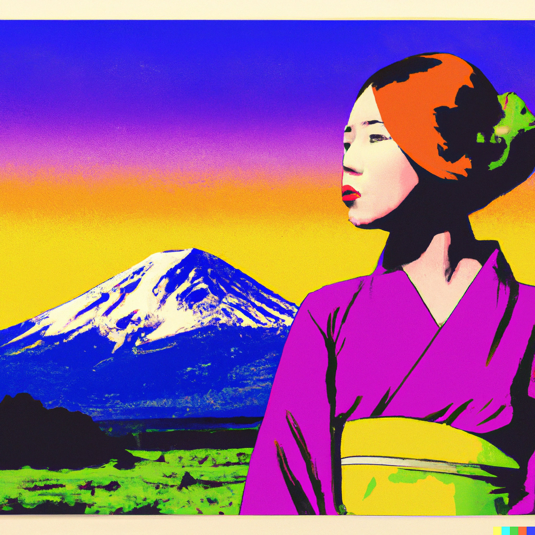 Andy Warhol's stylized portrait of a Japanese woman in a kimono, with Mount Fuji in the background.