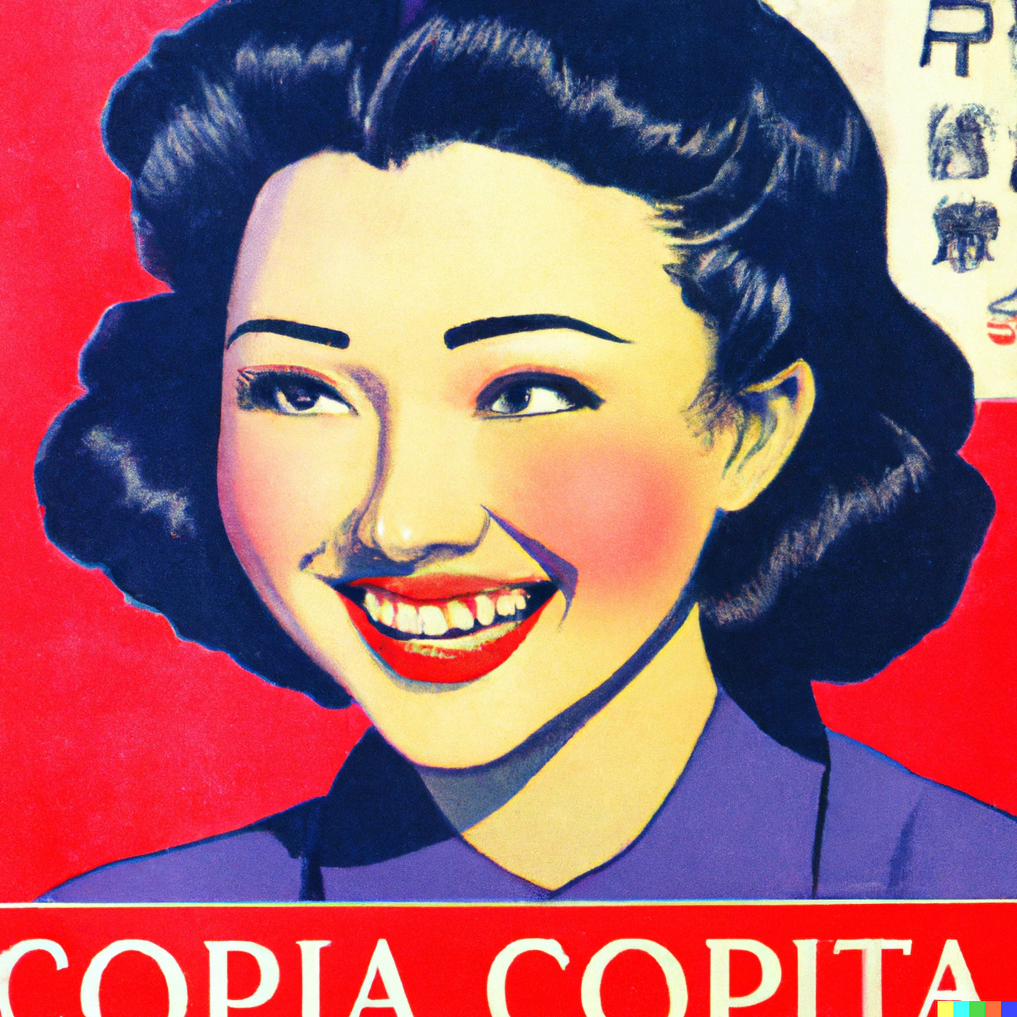 Close-up of a Soviet propaganda poster featuring a smiling Japanese woman with dark hair, wearing a purple shirt; the bottom shows part of the text 'COPIA COPITA'.