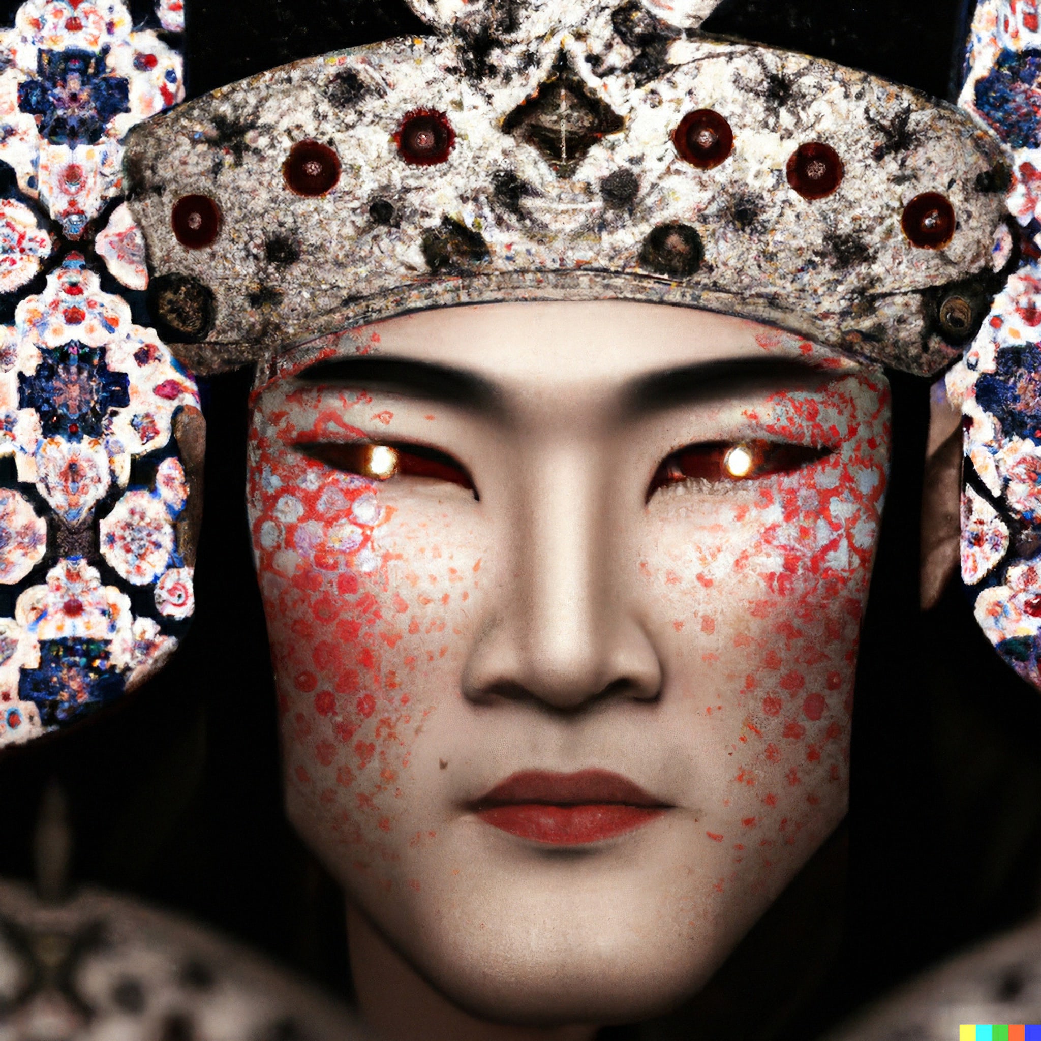 Close-up of a K-pop star digitally rendered as a Chinese emperor, wearing a textured crown and ornate headdress.