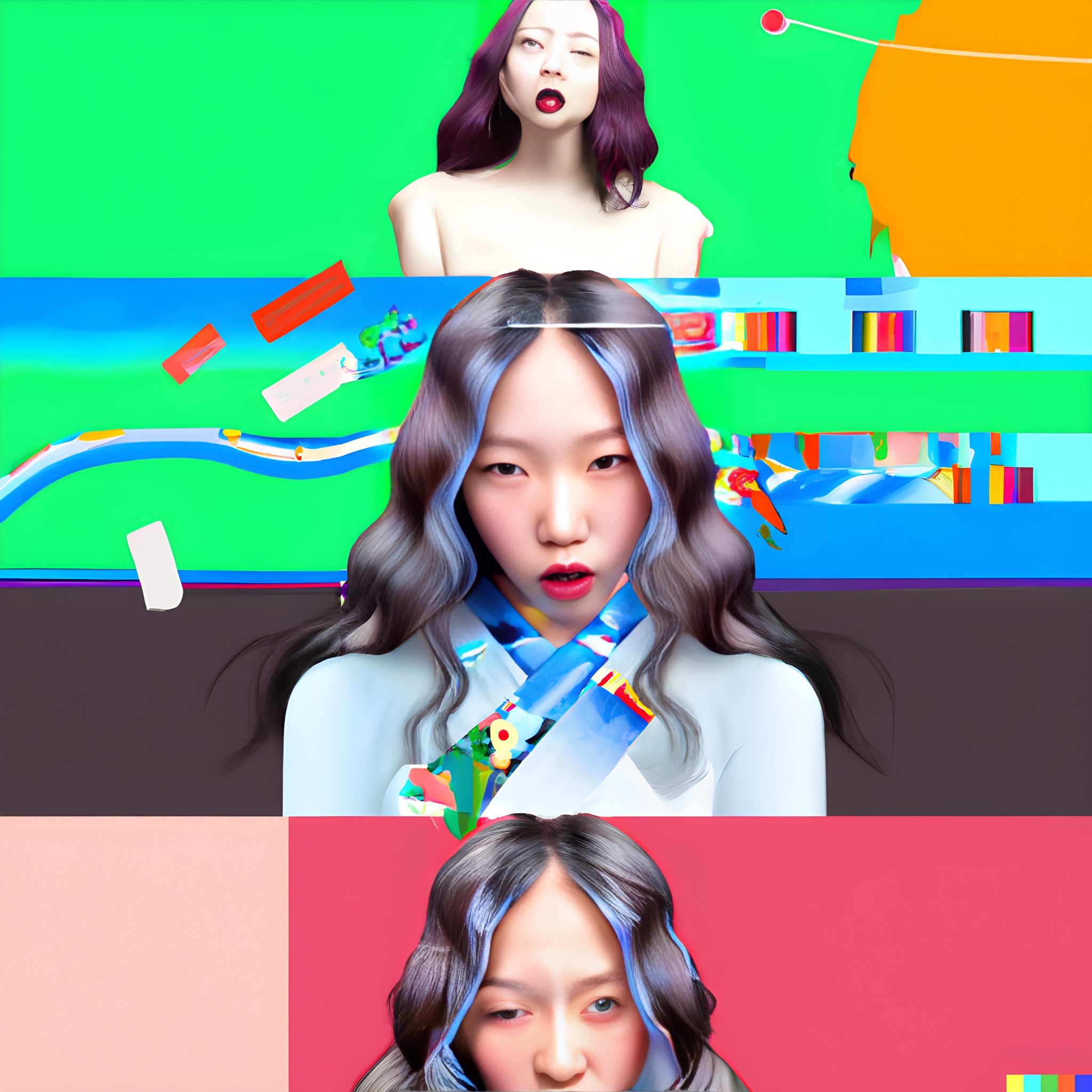 Colorful portrait poster of a young woman with blue-highlighted hair, wearing a Hanbok-inspired outfit against an abstract background.