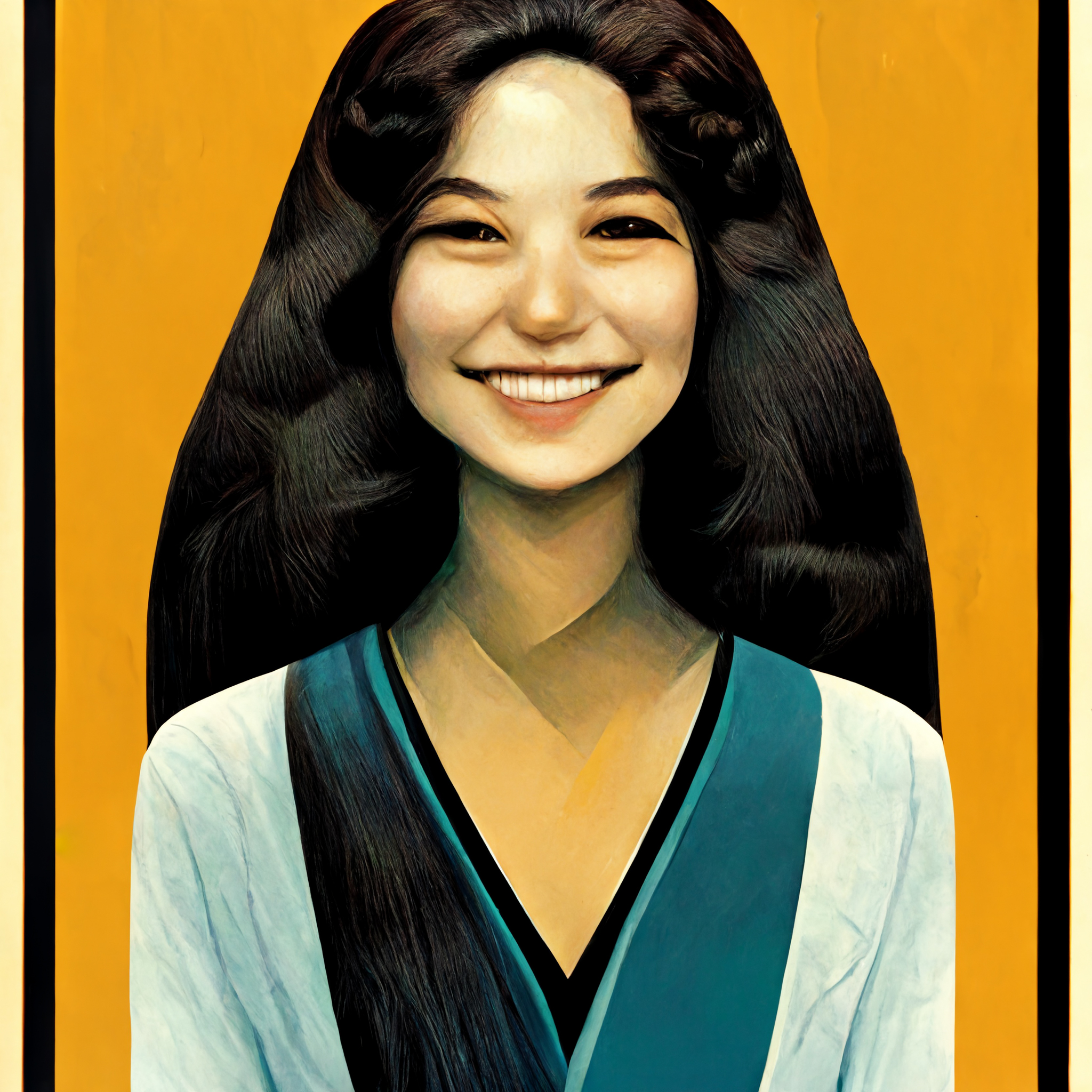 Smiling Korean woman with long dark hair, wearing a teal and white top against a yellow background.