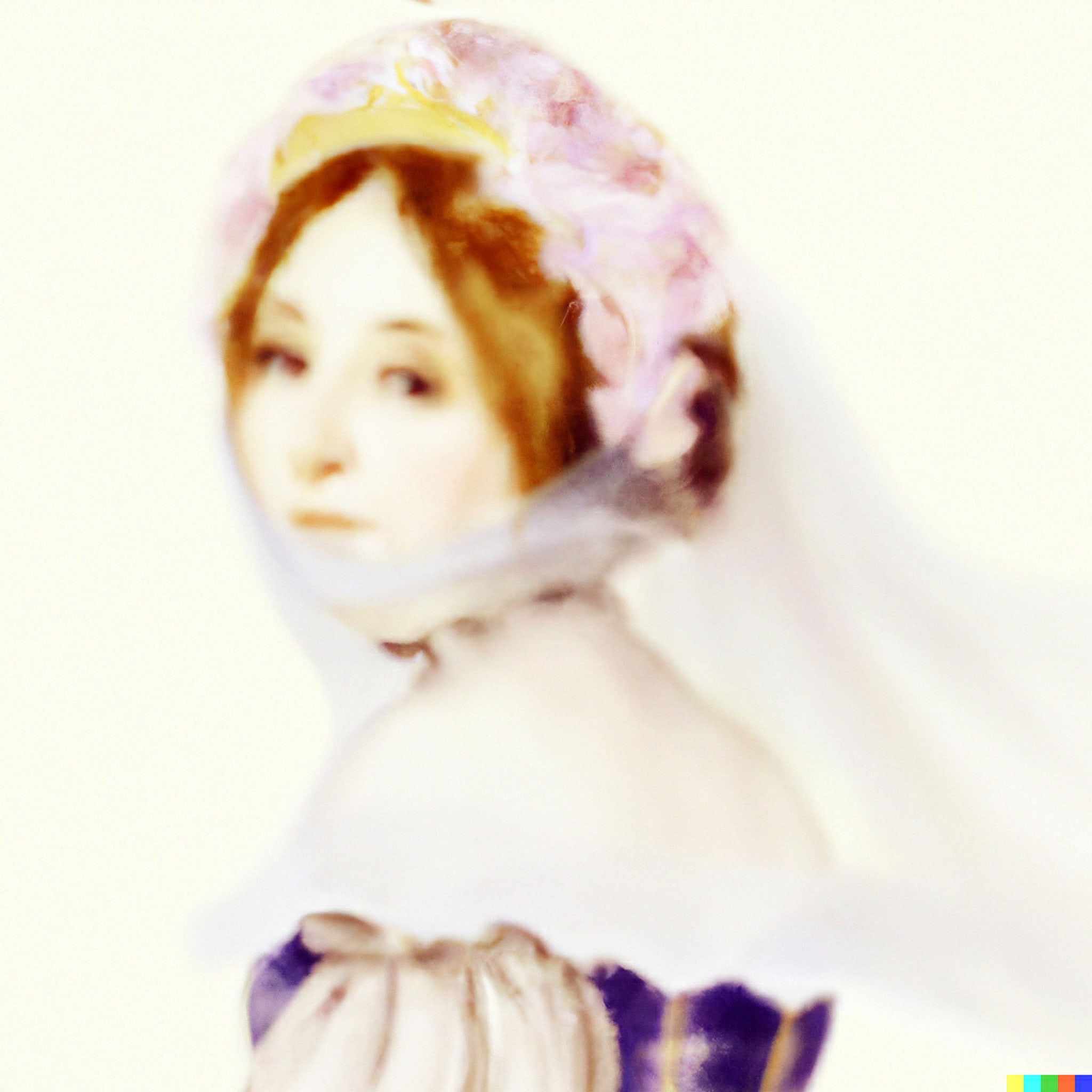 Soft focus portrait of a woman wearing a pink and gold headpiece and veil.