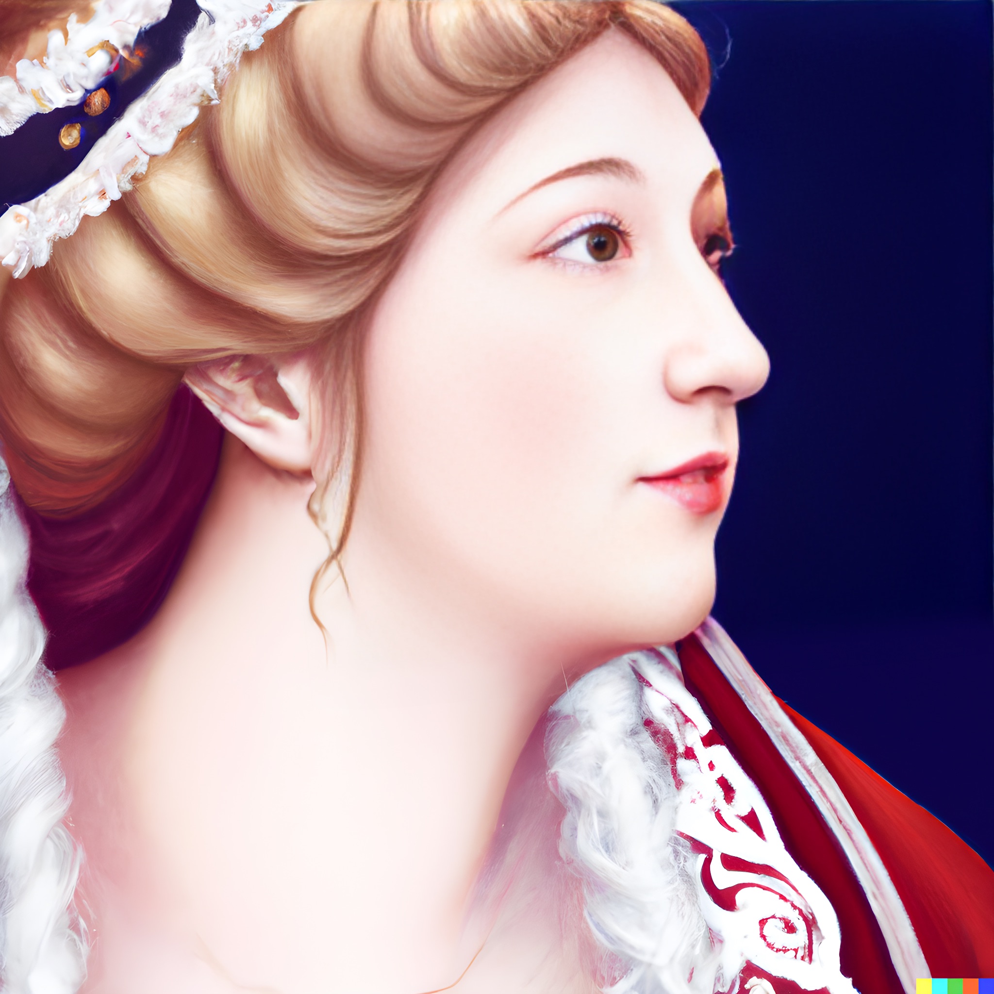 Profile portrait of a woman with blonde, styled hair, wearing a white and red ornate garment.