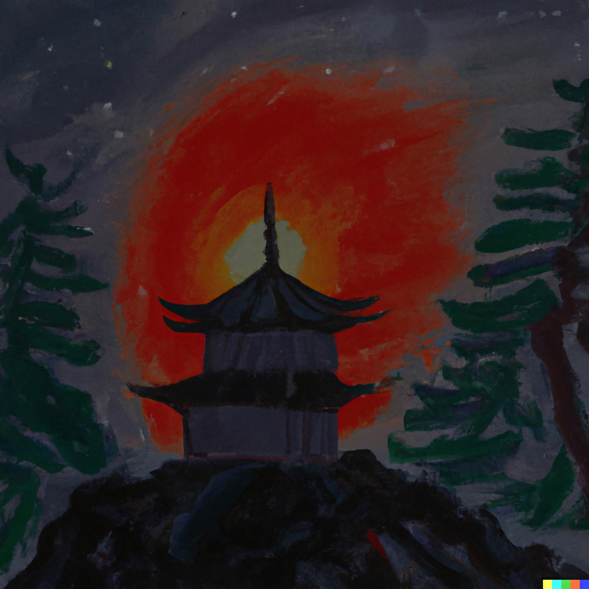 Painting of a pagoda at sunset in a dark forest.