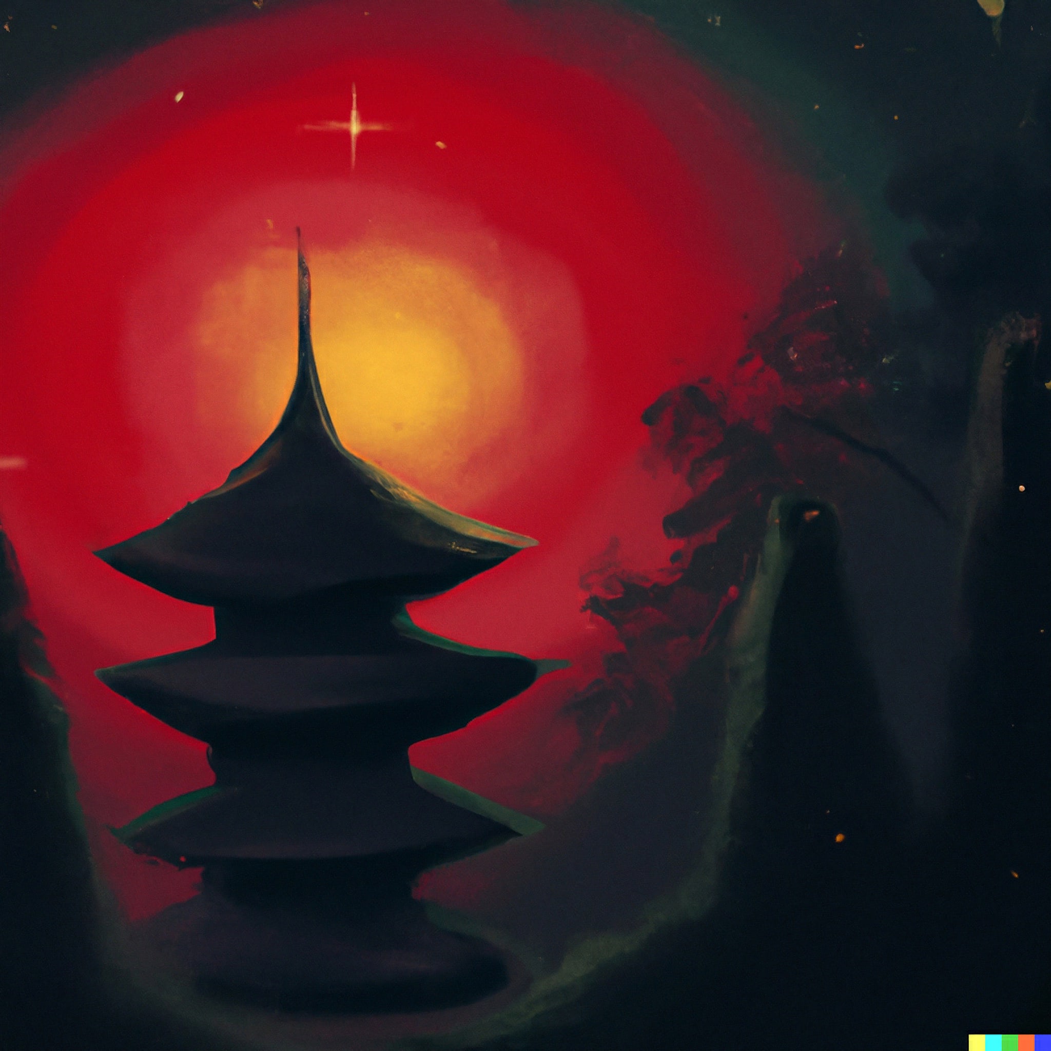 Painting of a pagoda at sunset in a dark forest.