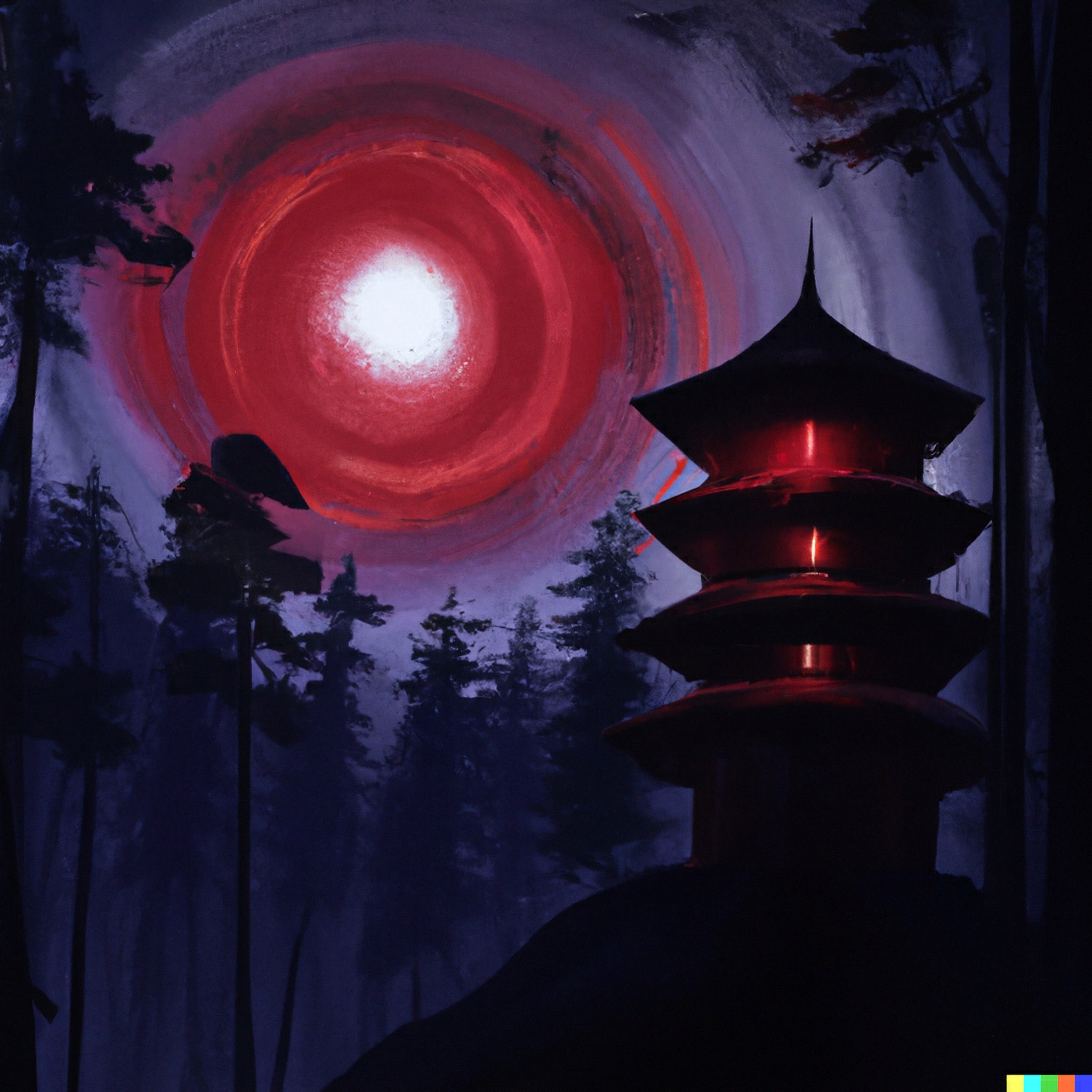 Painting of a Japanese pagoda at night in a dark forest under a large red sun.