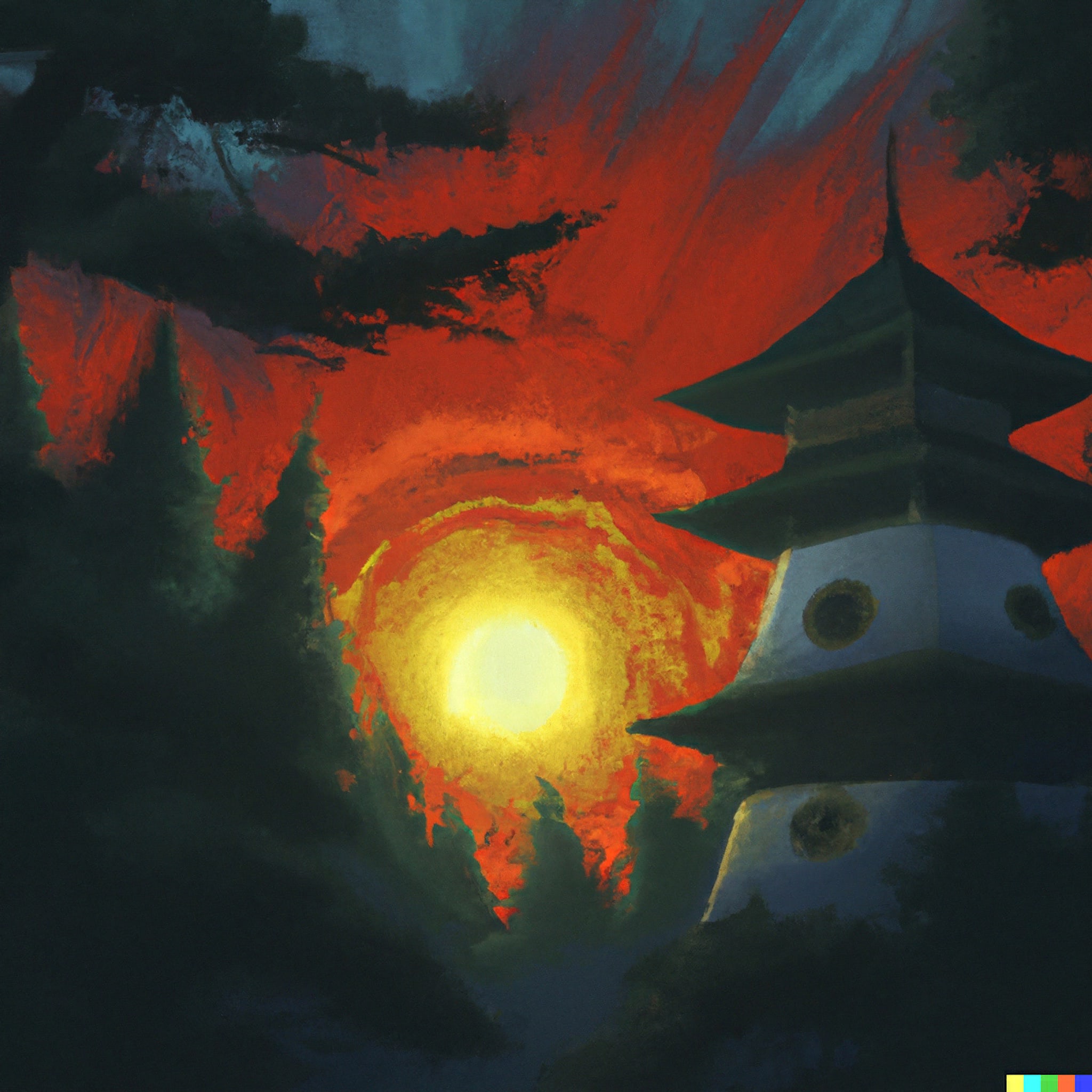 Painting of a pagoda at sunset in a dark forest.