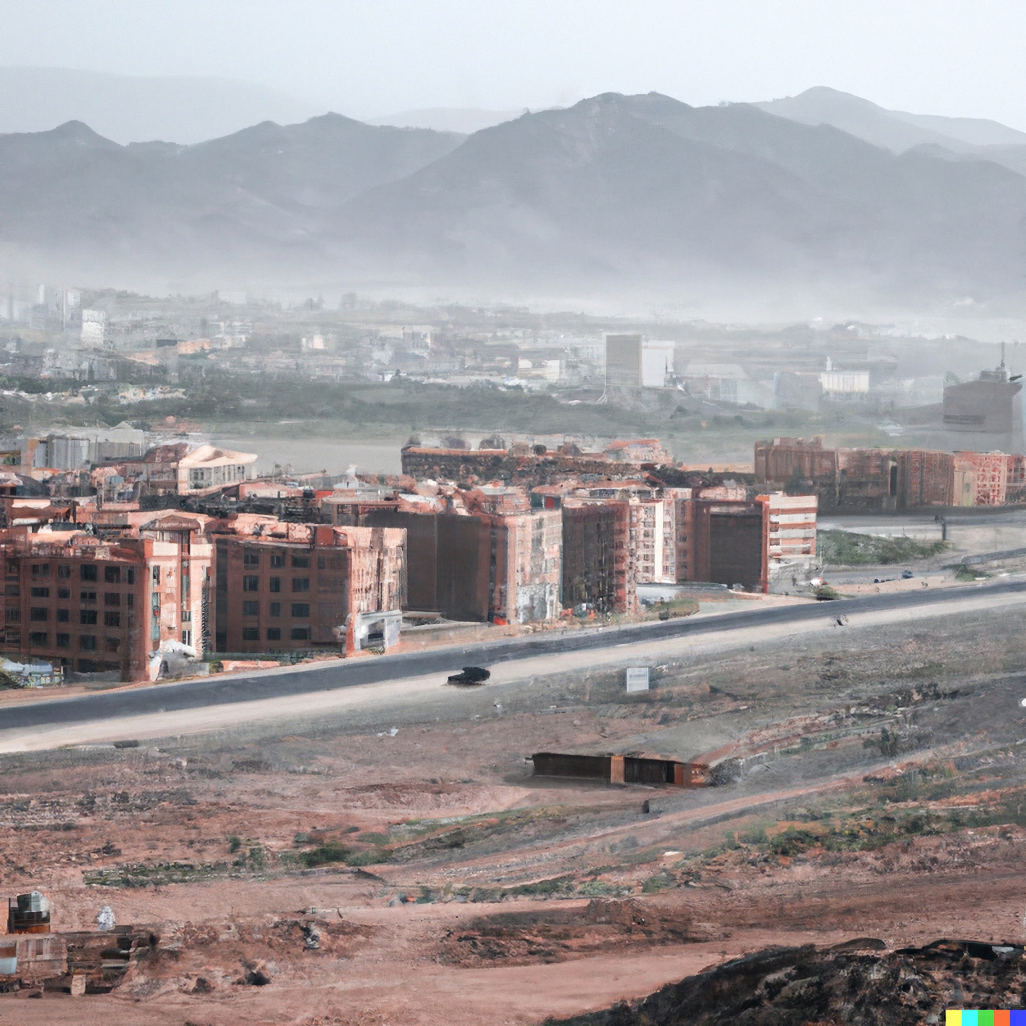 Aerial view of a partially constructed settlement in Saudi Arabia, with mountains in the background.