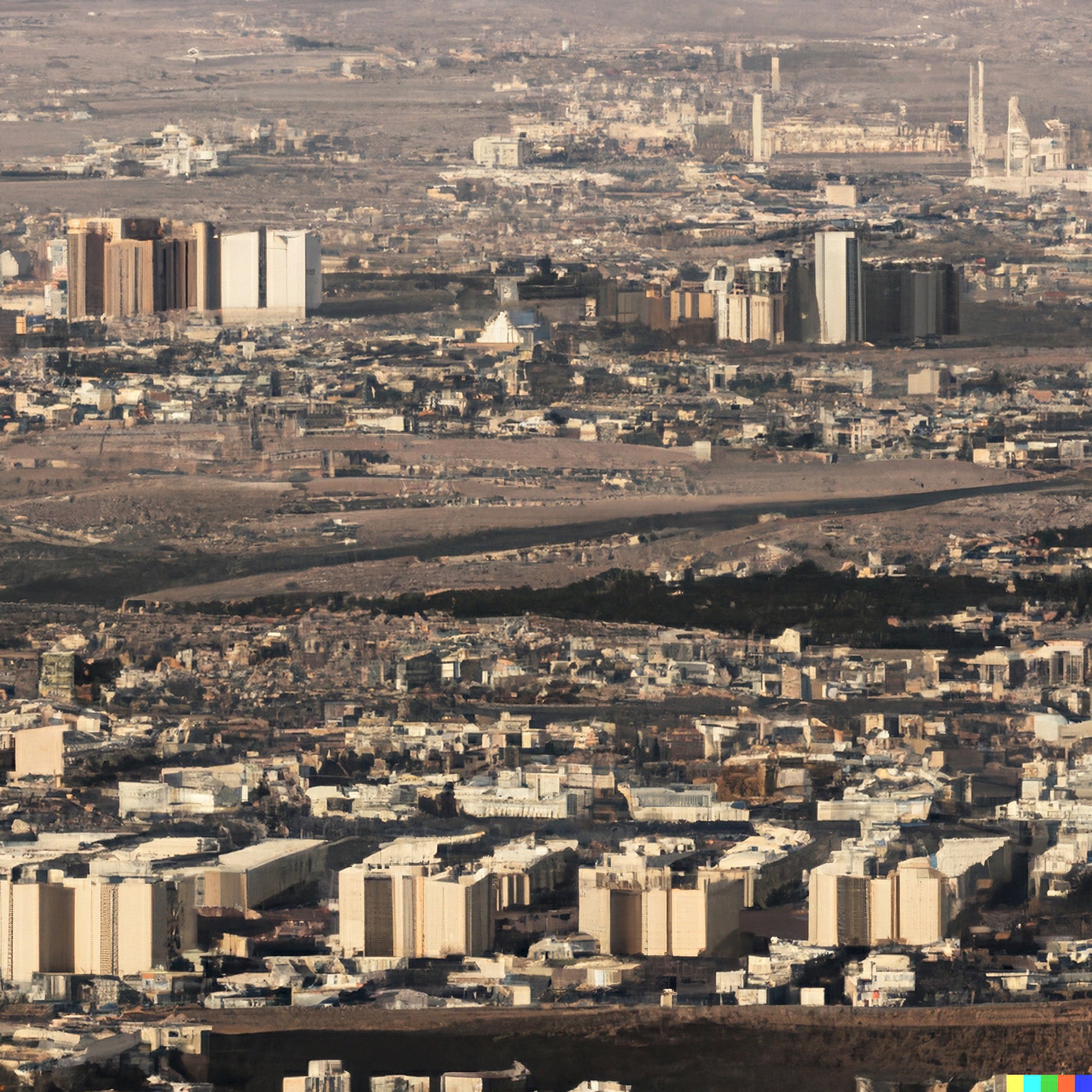Aerial view of a sprawling settlement in Saudi Arabia, showing numerous buildings and industrial structures.