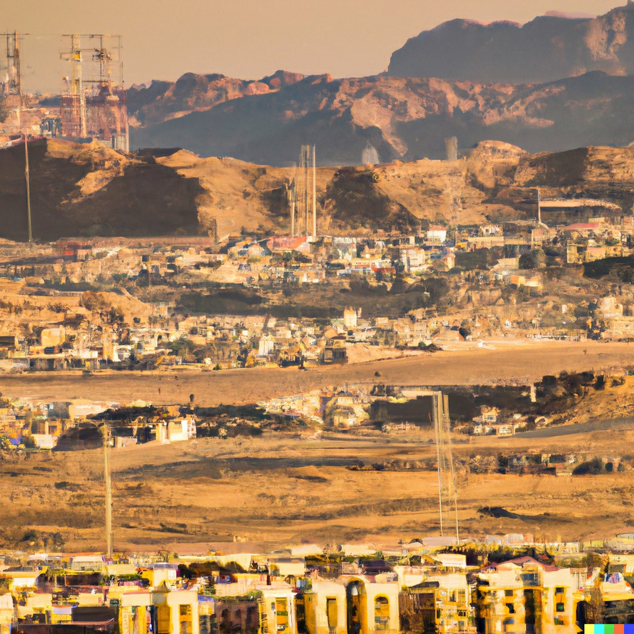 Futuristic settlement in Saudi Arabia, nestled in a desert landscape with mountains in the background.