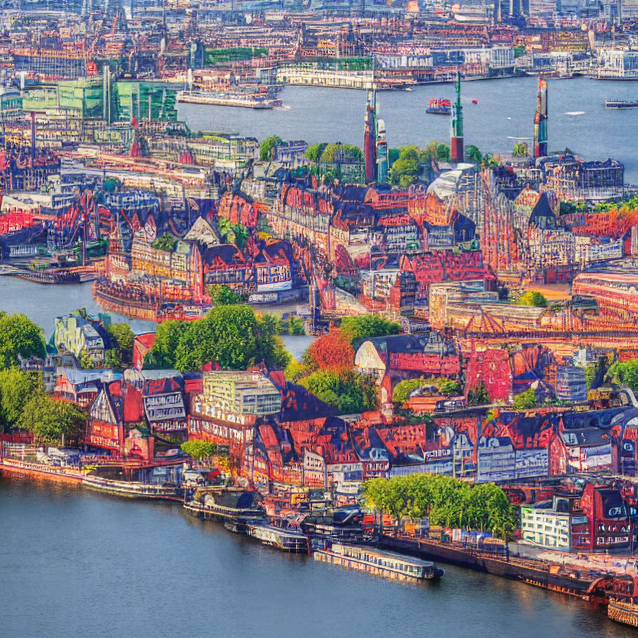 Aerial view of Hamburg, Germany, showing colorful buildings and waterways.