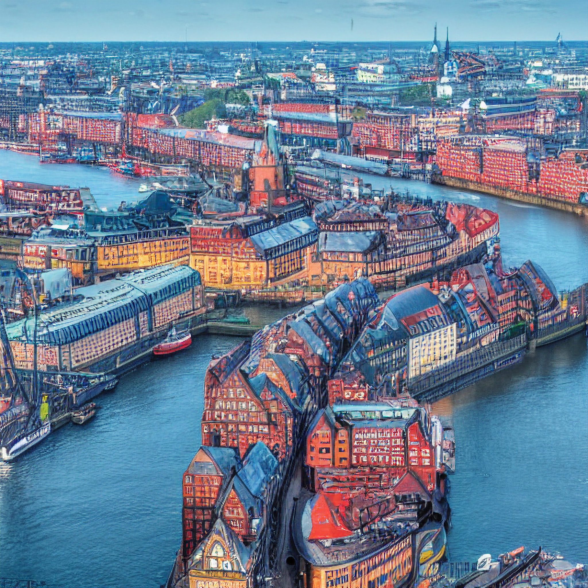 Aerial view of Hamburg's Speicherstadt, showing colorful brick warehouses and canals.