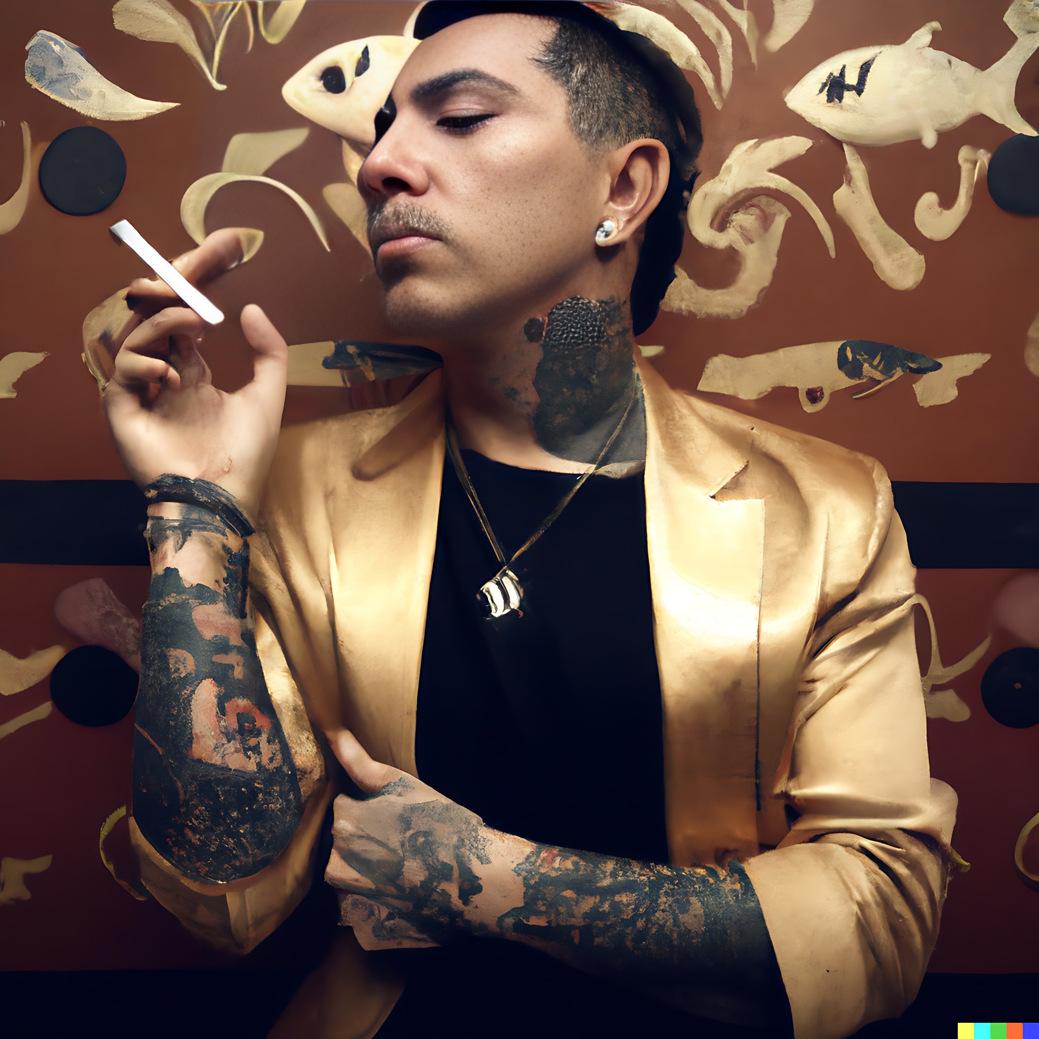 Man with tattoos wearing gold jacket smoking a cigarette.
