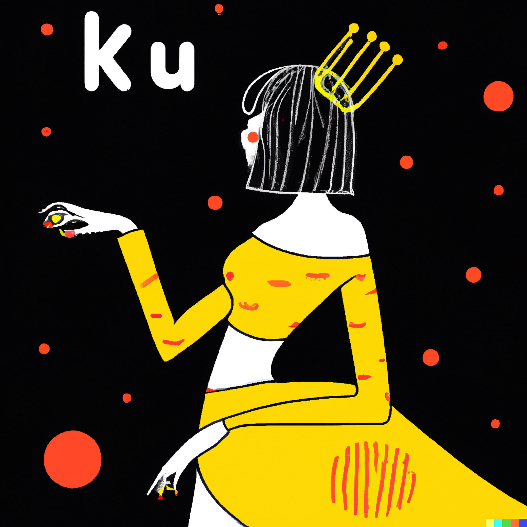Illustration of a crowned woman in a yellow dress on a black background with red dots.