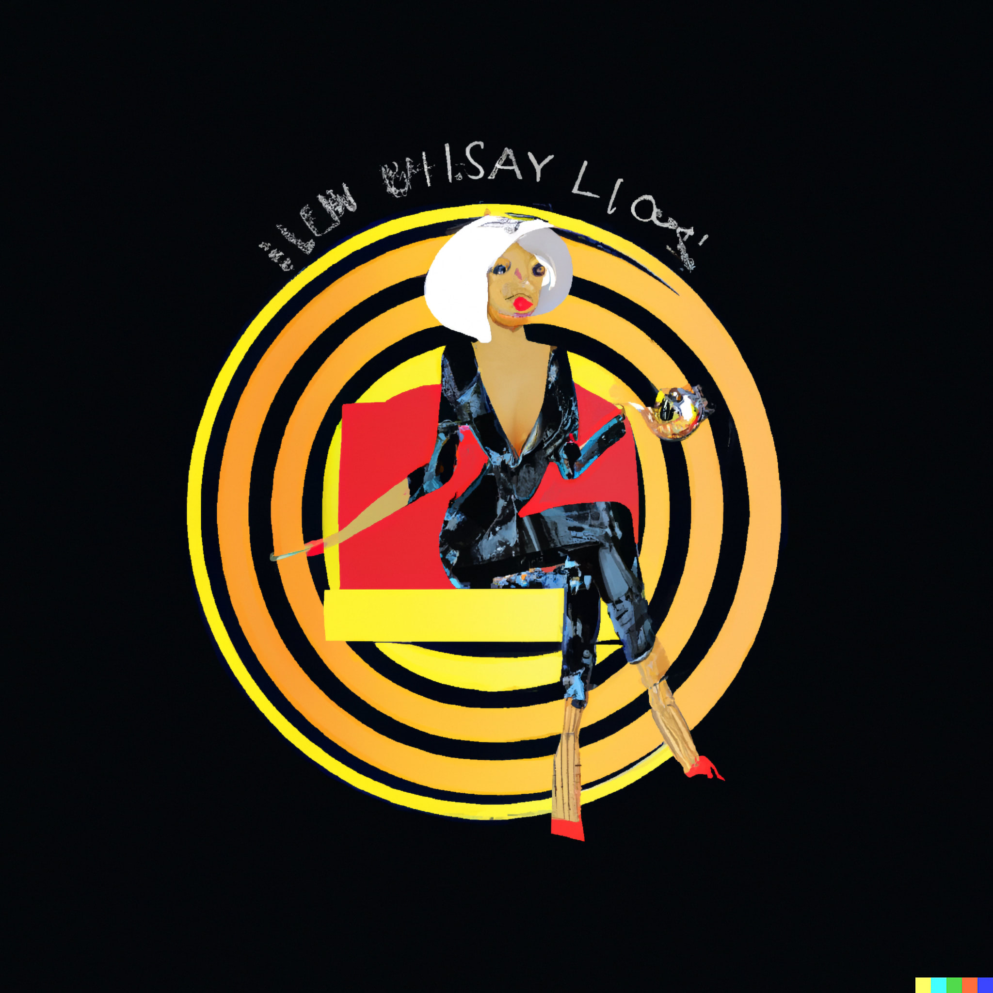 Illustration of a woman with blonde hair sitting on a red and yellow couch, surrounded by concentric circles; text reads 'I'll say lies'.