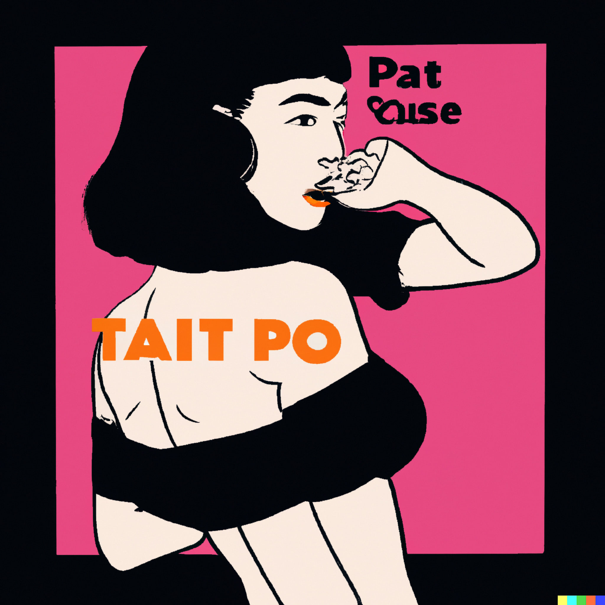 Illustration of a woman with dark hair, wearing a black off-the-shoulder top, against a pink background; text reads 'Pat Cuse' and 'TAIT PO'.