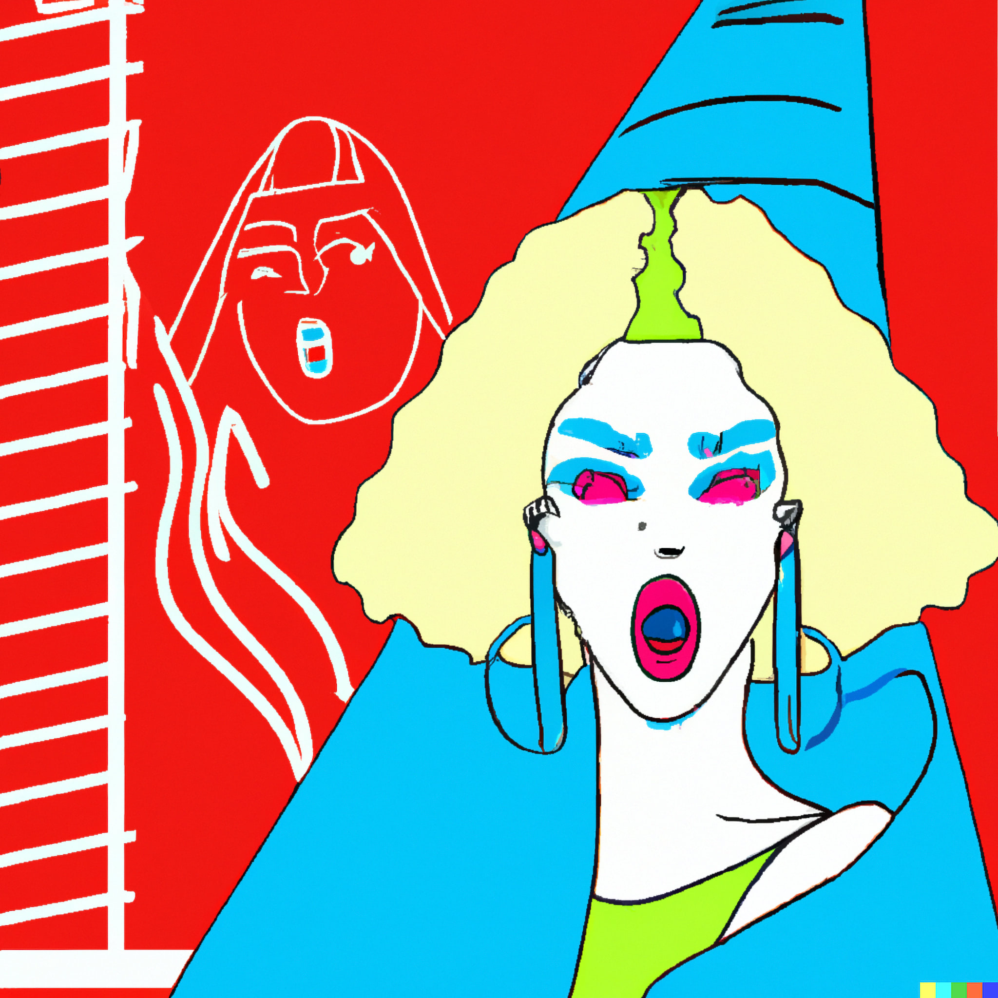 Pop art illustration of a woman with blonde hair and bright makeup wearing a blue hat and coat.