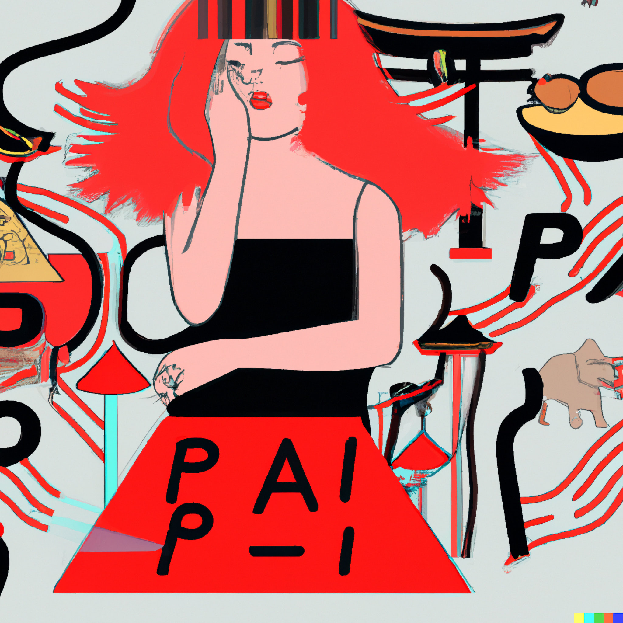 Pop art illustration of a woman with red hair, wearing a black dress, and surrounded by Japanese cultural elements.
