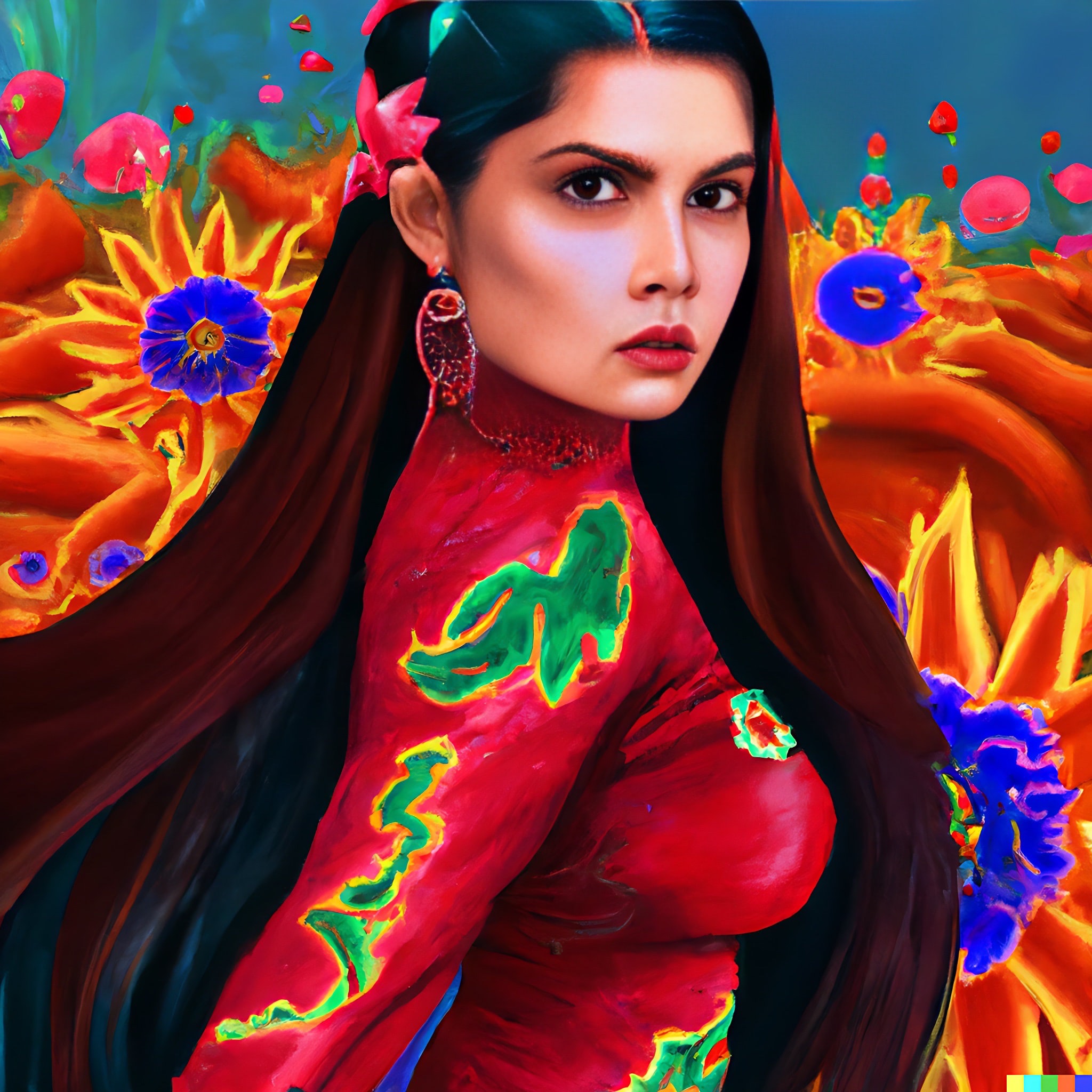 Painting of a woman with long dark hair, wearing a red dress, set against a background of vibrant orange and blue flowers.