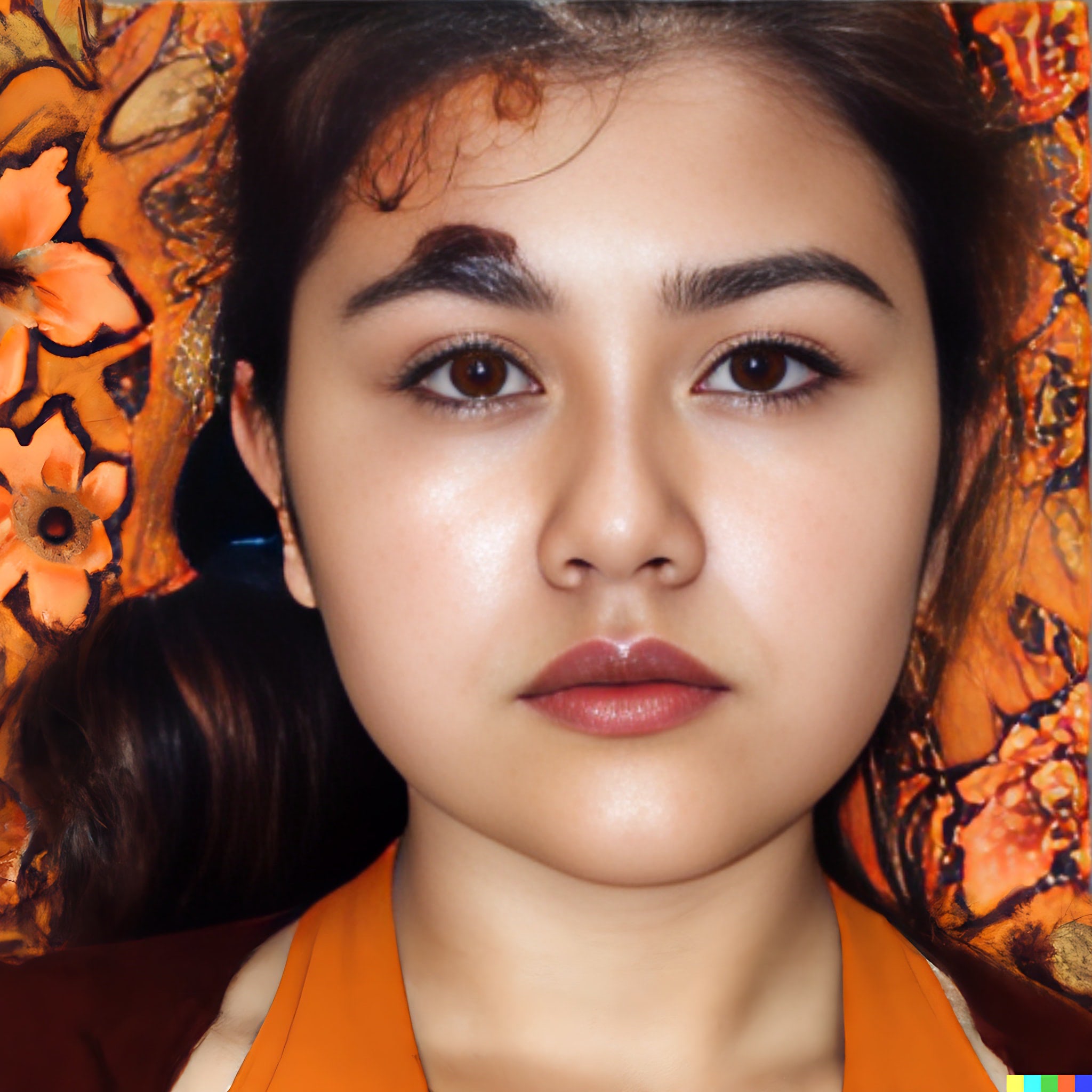 Close-up portrait of a young woman with dark hair in a ponytail, wearing an orange top against an orange floral background.