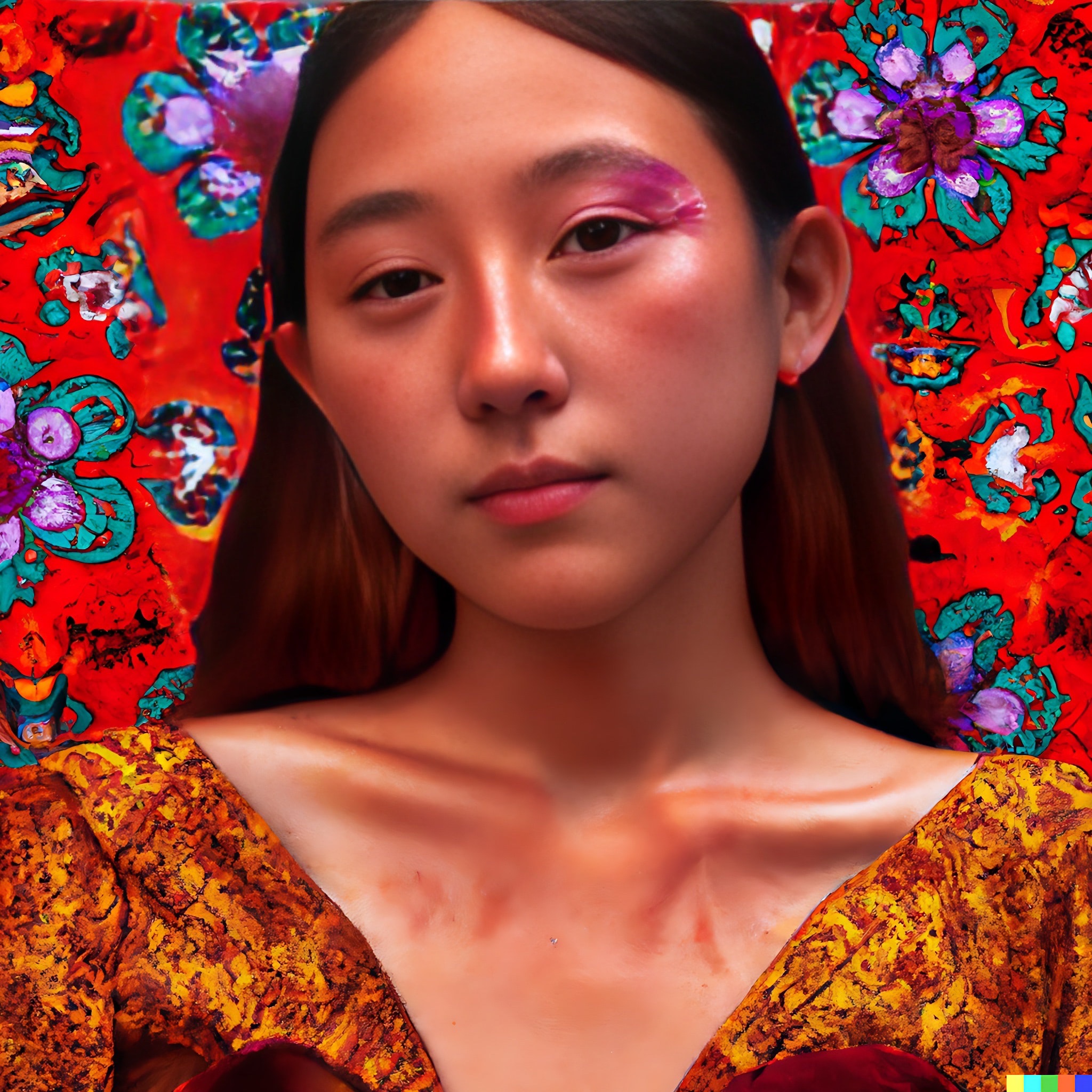 Young woman with dark hair in a ponytail, wearing a rust-colored, ornate top, against a red floral background.