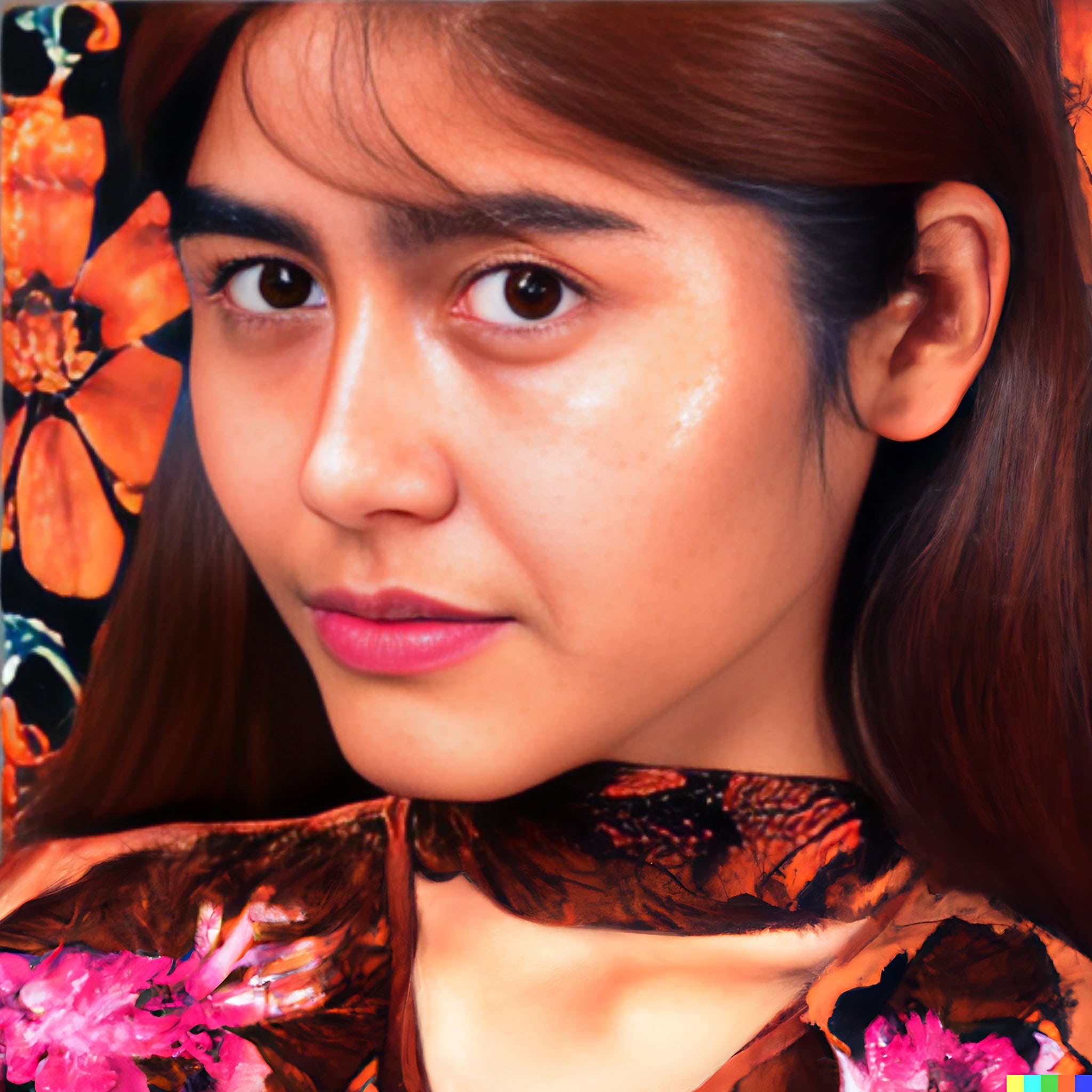 Close-up portrait of a young woman with brown hair in a ponytail, wearing a rust-colored patterned dress.