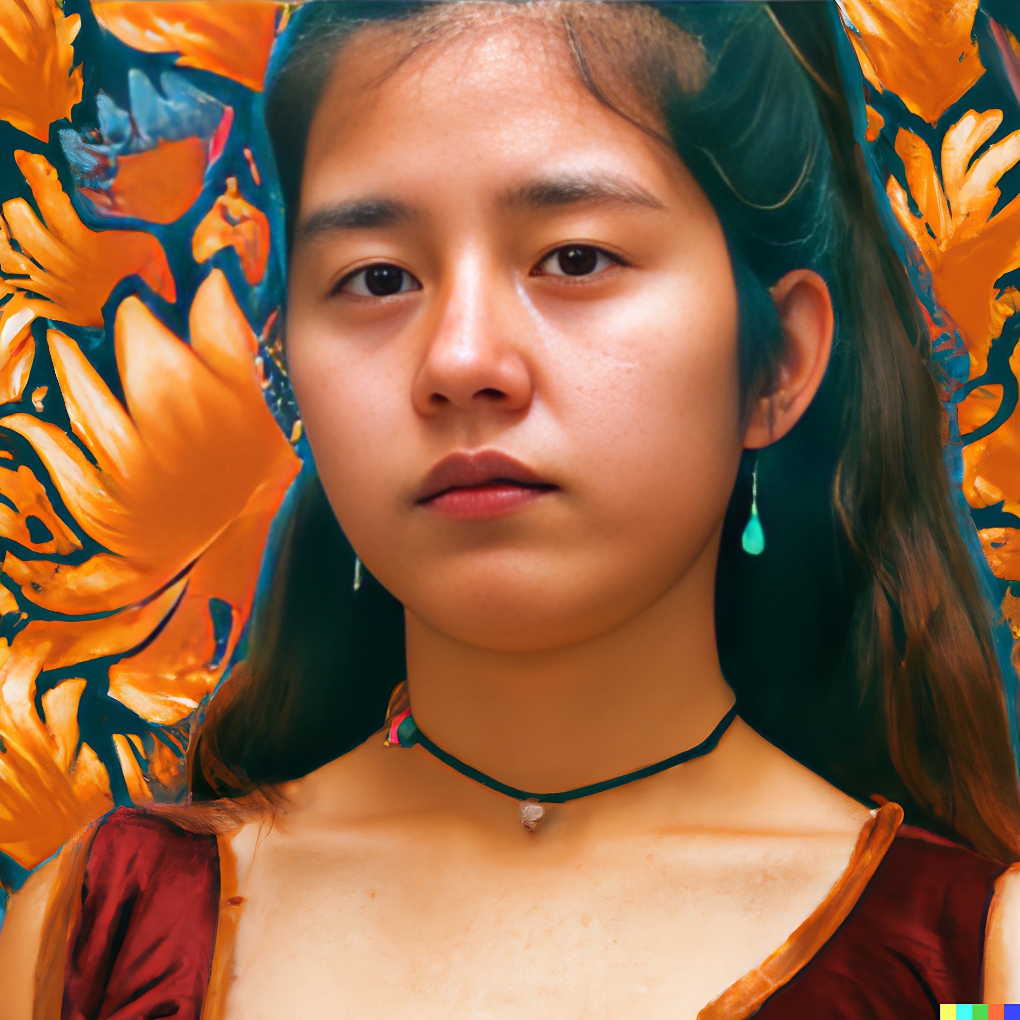 Young woman with dark hair in a ponytail, wearing a rust-colored dress and a choker necklace, set against an orange and teal floral background.