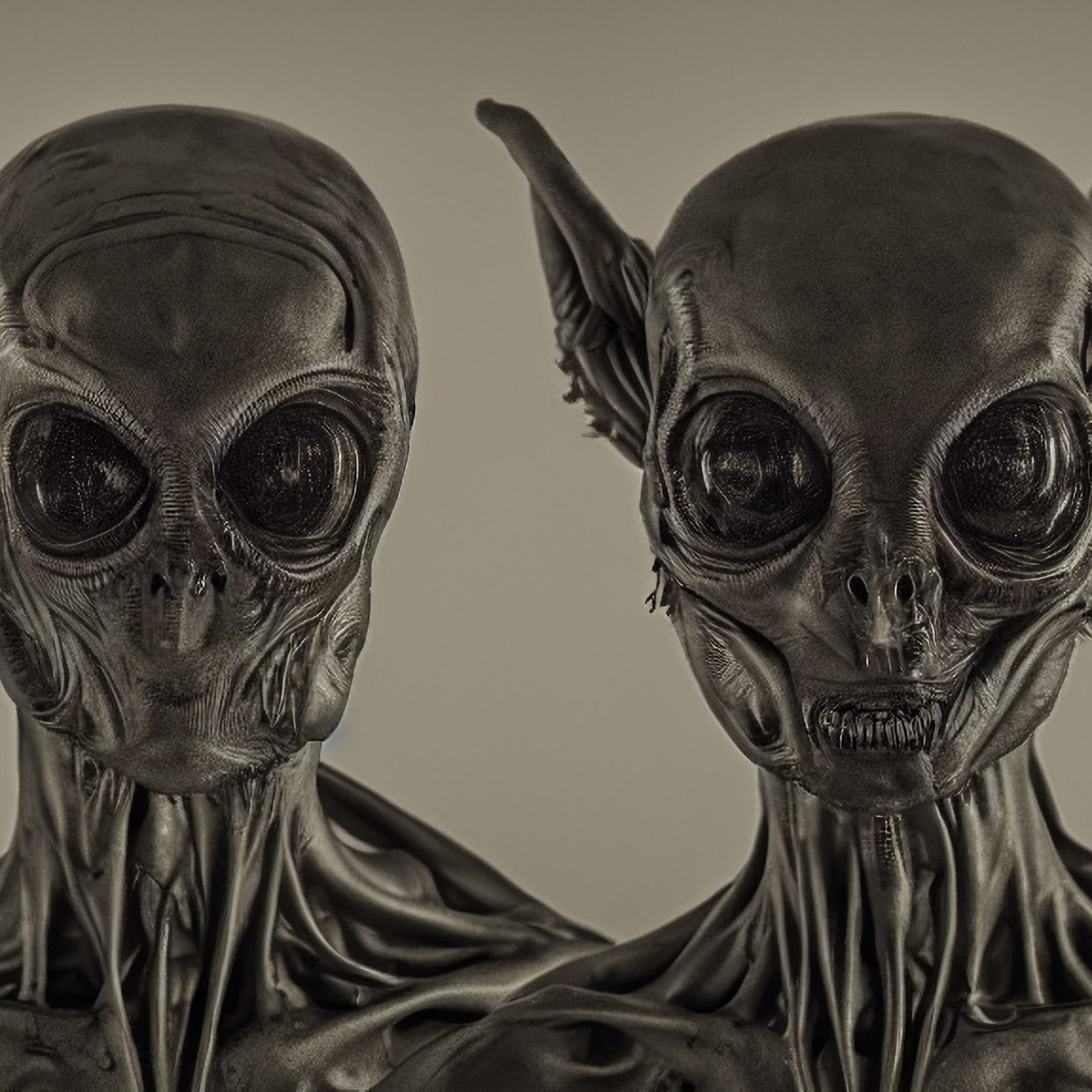 Close-up of two grayscale alien sculptures.