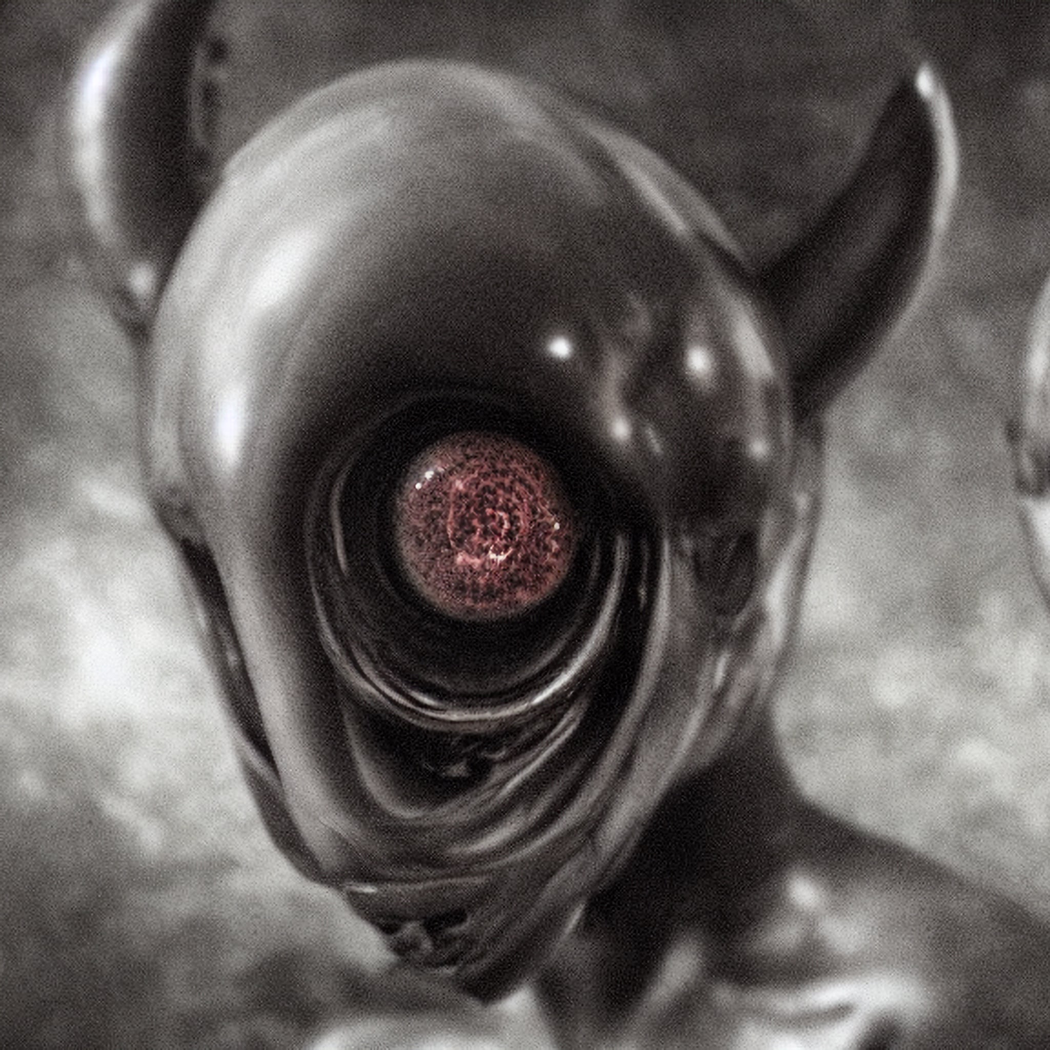 Close-up of a modern alien depiction with horns and a glowing red eye.