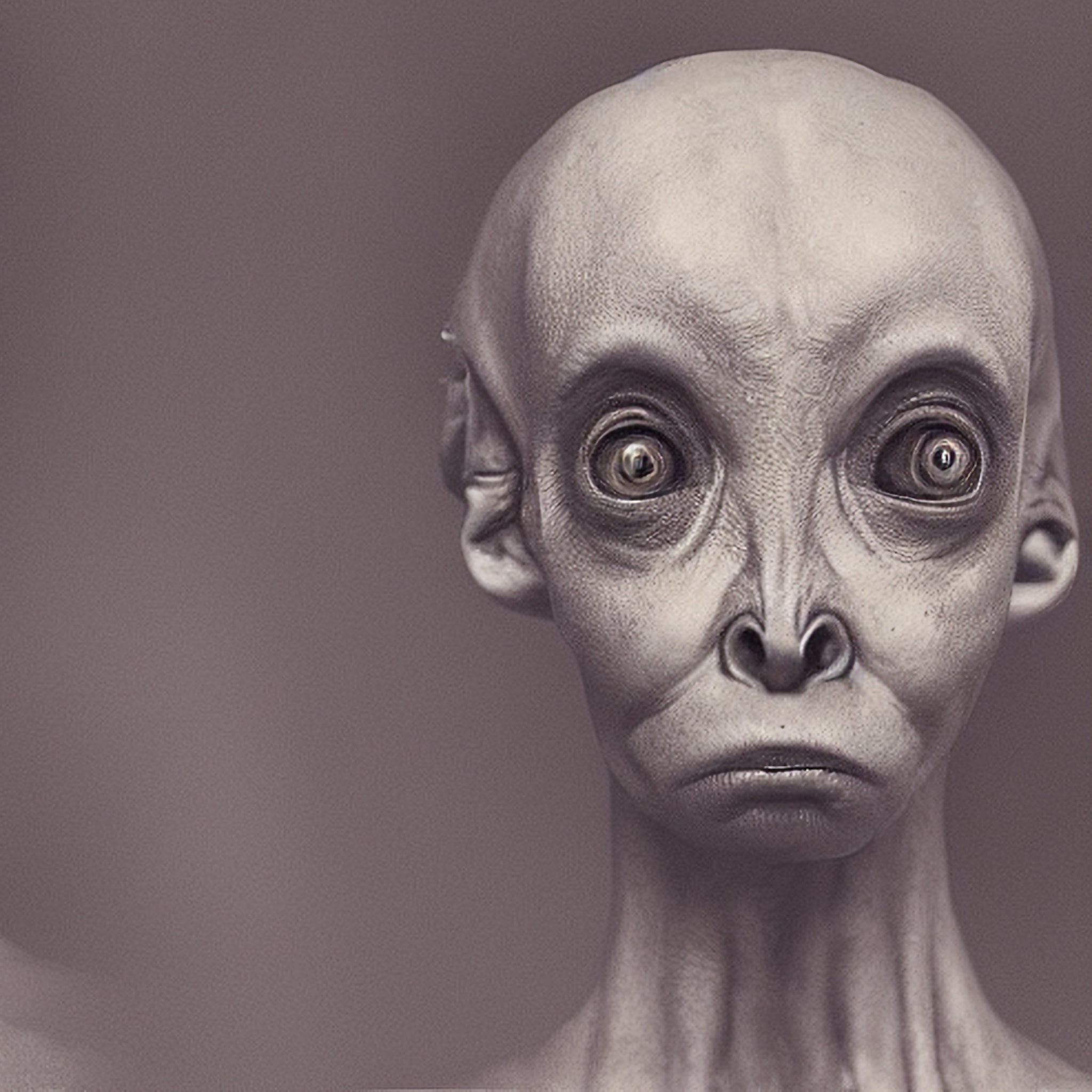 Close-up of a grey alien's face.