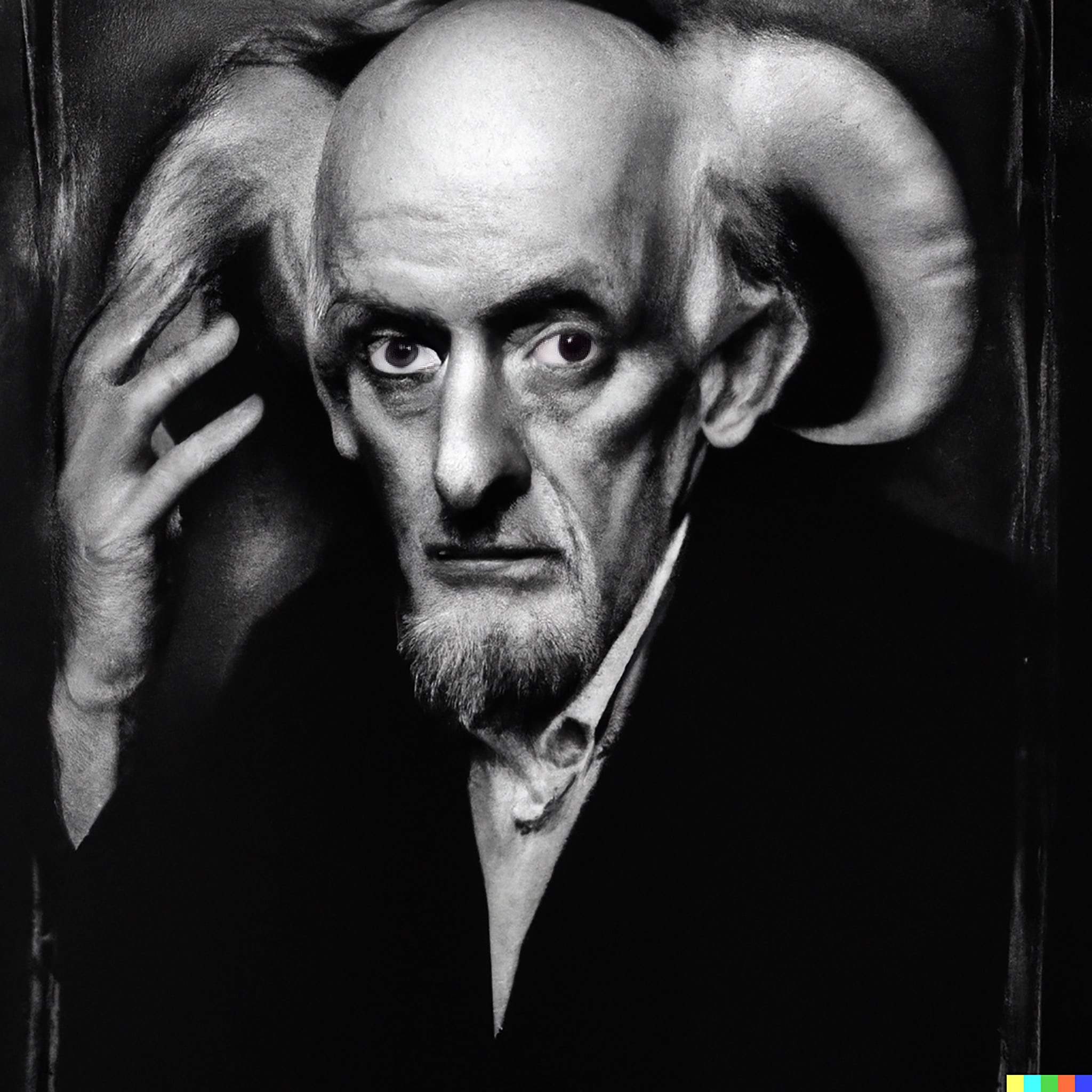 Black and white portrait of a man with large, pointed ears resembling horns, and his hand touching his hair.