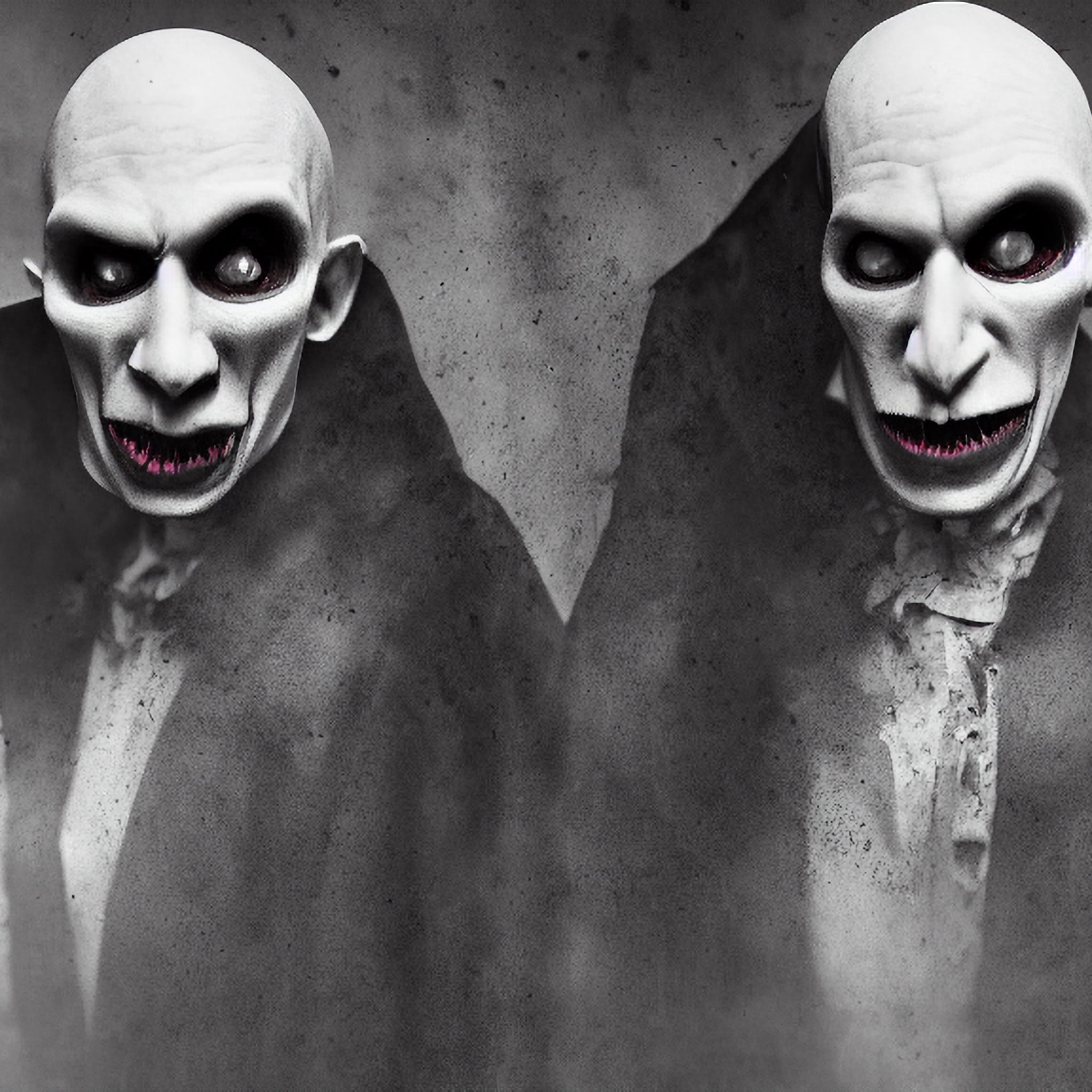 Two pale, bald figures resembling Nosferatu, in dark clothing, depicted in a black and white wet plate style photograph.