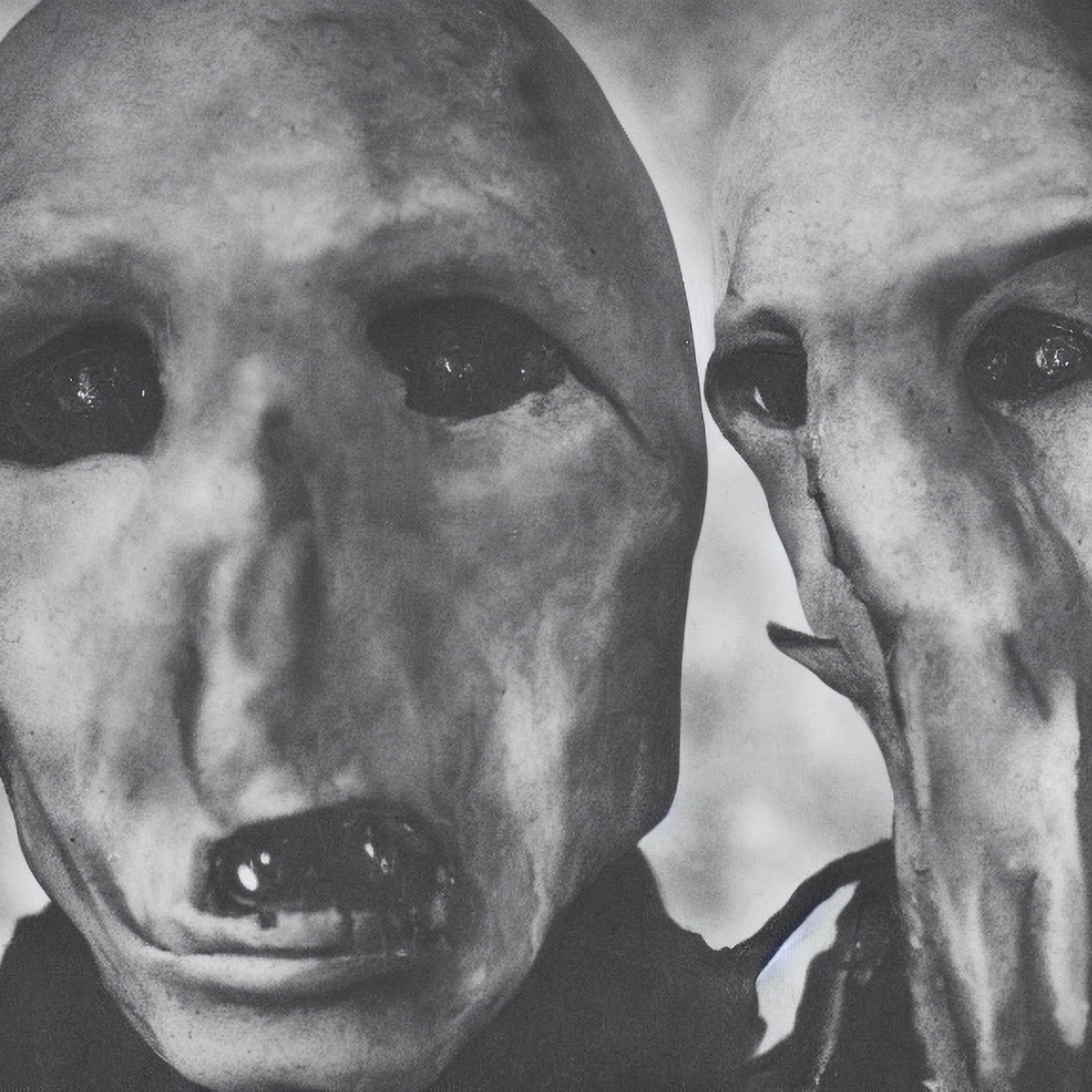 Black and white close-up of two monstrous faces, reminiscent of Nosferatu.
