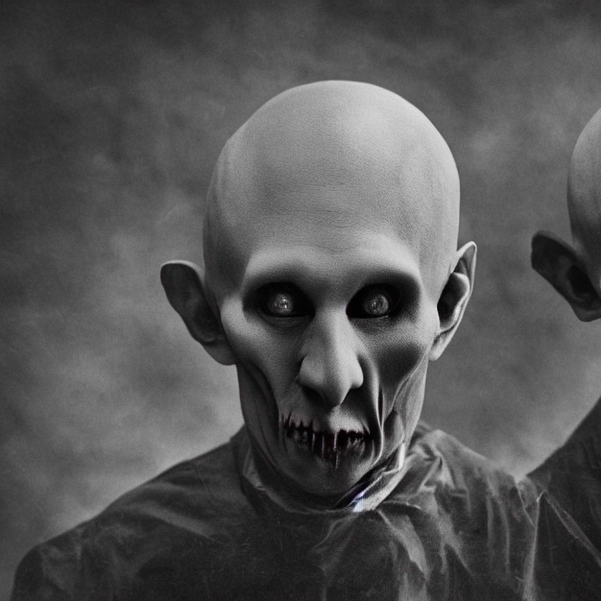 Black and white close-up of a Nosferatu-like creature.