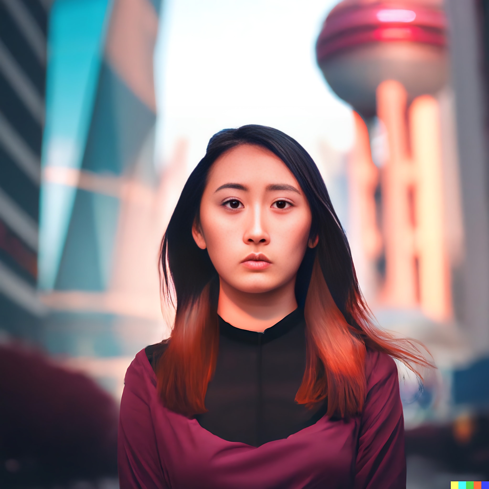Young Asian woman in a maroon shirt standing in a city.