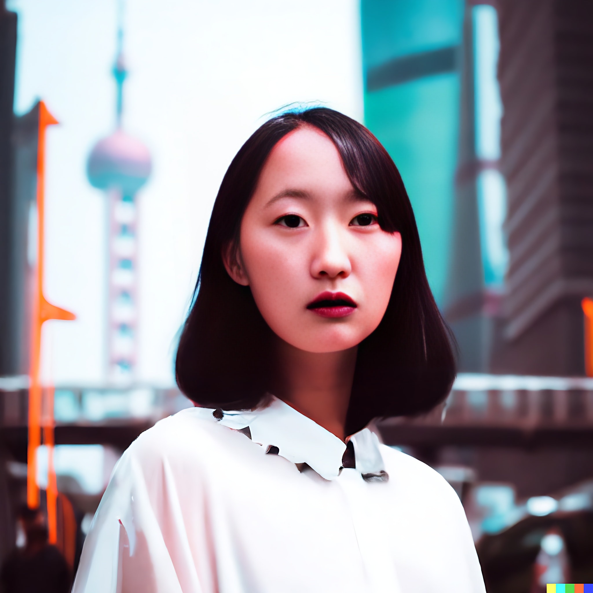 Young Asian woman in white shirt in a Chinese city.